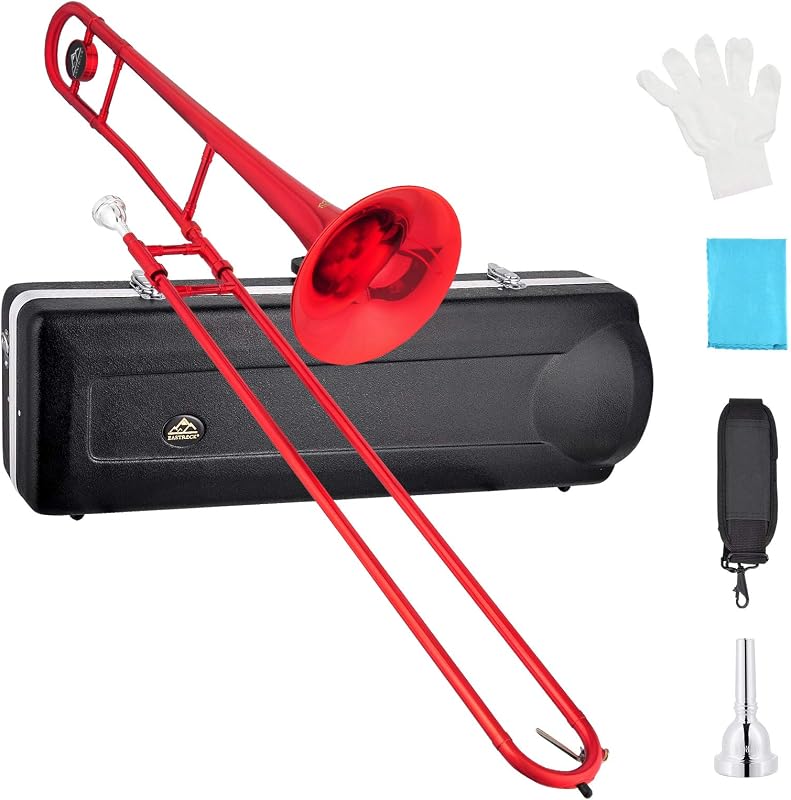 EASTROCK Bb Tenor Slide Trombone Brass Musical Instrument with Hard Case,Mouthpiece,Gloves,Cleaning Cloth for Beginners Standard Bell(7.87"/200 mm),Red