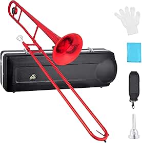 EASTROCK Bb Tenor Slide Trombone Instrumento musical de latão com estojo rígido, bocal, luvas, pano de limpeza para iniciantes sino padrão (7,87"/200 mm), vermelho