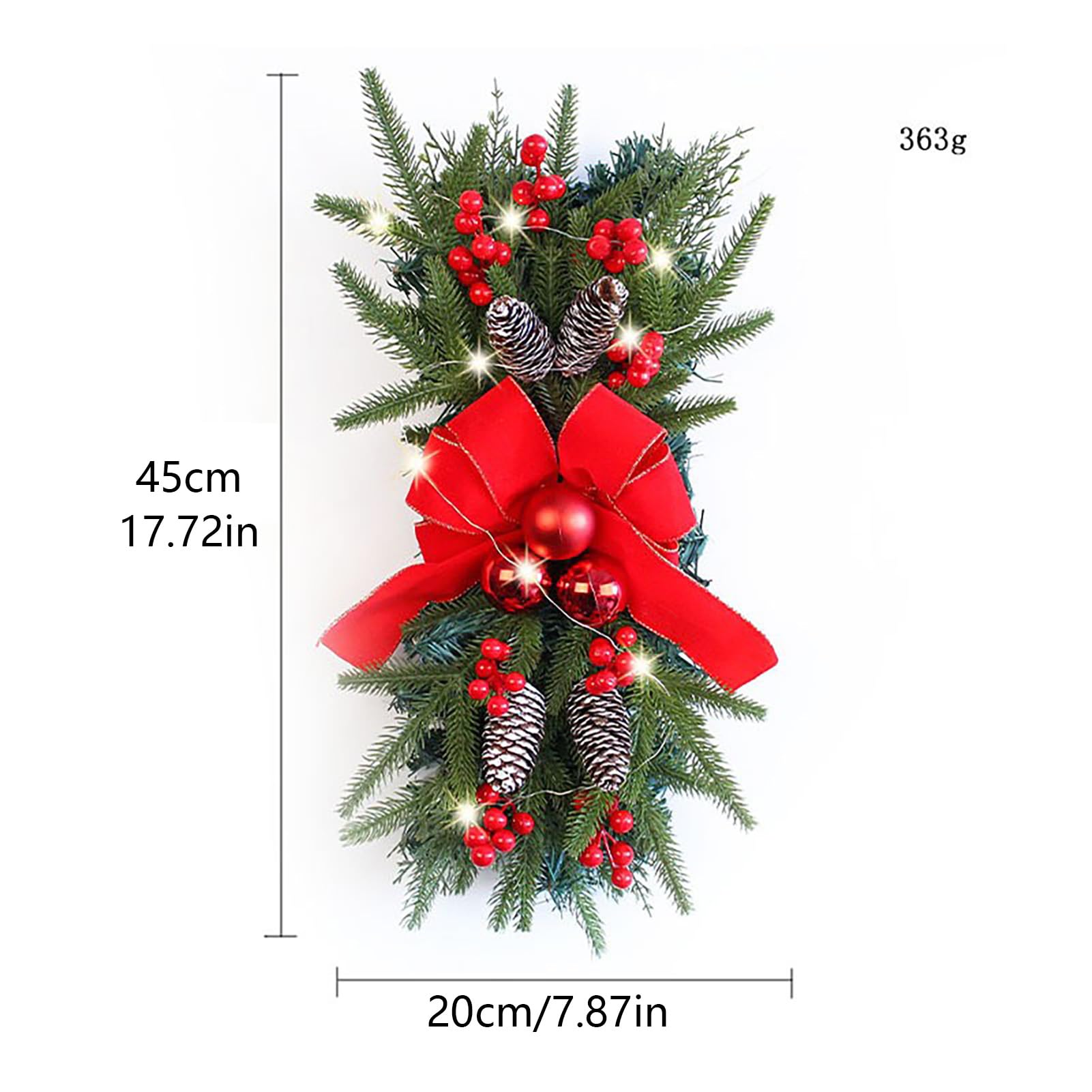 17.7 inch Christmas Artificial Swags, Prelit Teardrop Swag Christmas Wreaths, Artificial Stairs Christmas Garland Wreaths for Front Door Wall Window Home Xmas Decor