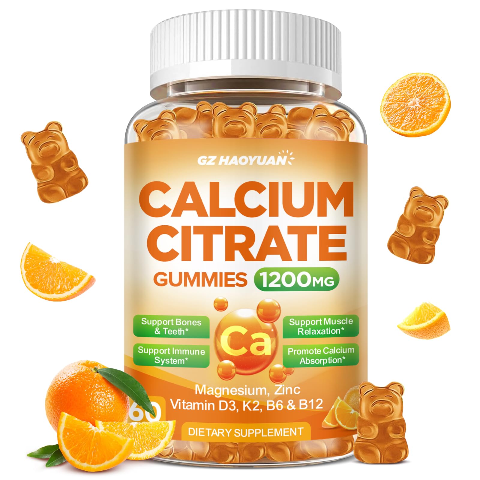 Calcium Citrate Gummies - 1200mg Calcium Gummies Supplements for Women & Men with Vitamin D3, K2, Magnesium, Zinc High Absorption for Muscle & Immune Support, Orange Flavor, 60 Count Orange 60 Count (Pack of 1)