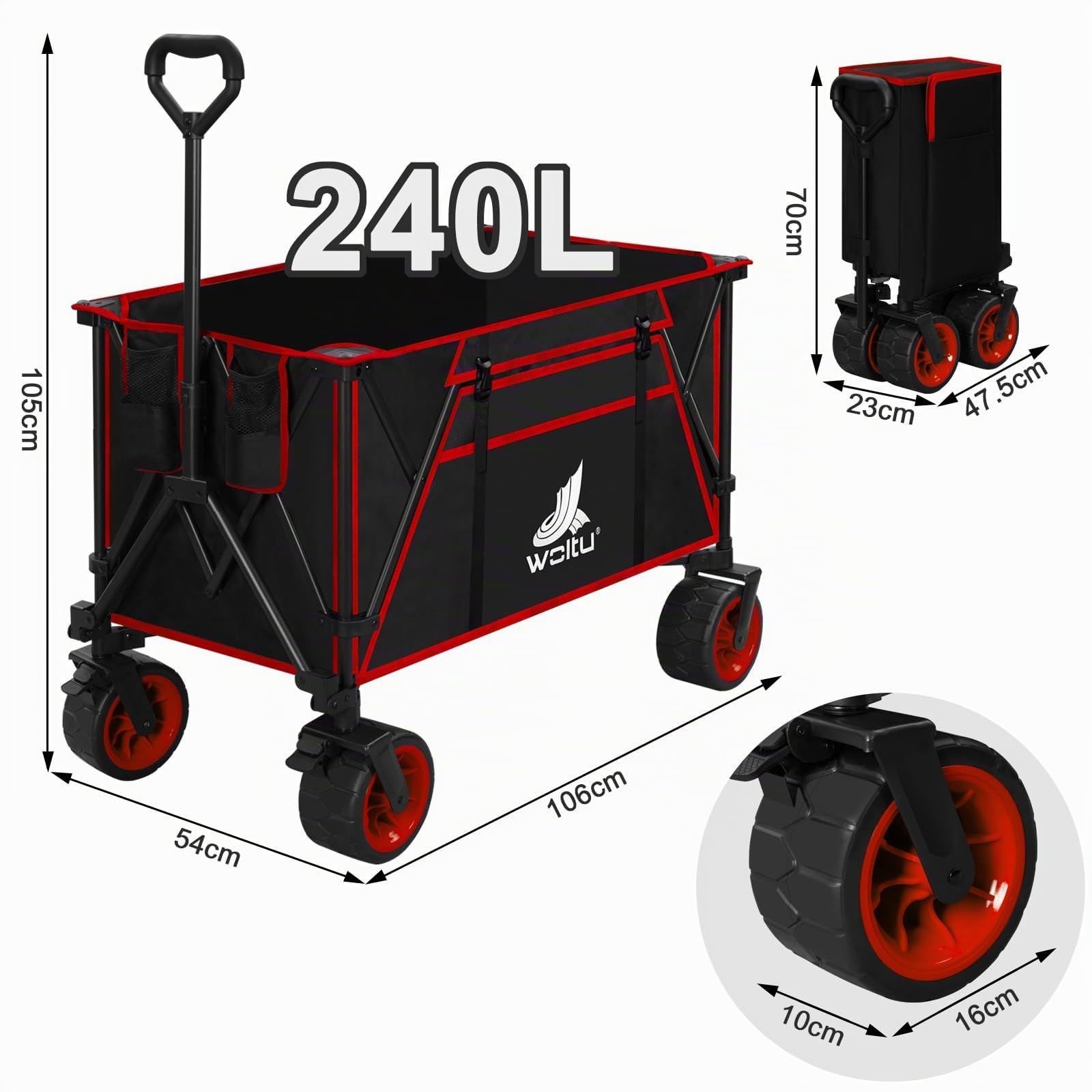 WOLTU Carro Plegable de Jardín, Carro de Transporte, Carrito Playa con Ruedas Grandes y Bolsillo, Carro para Playa Camping Compras y Fiestas, Metal y Tela Oxford, Negro+Rojo