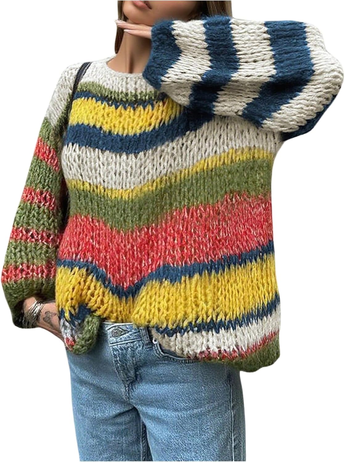 Milumia Women's Rainbow Striped Crochet Sweater Fall Long Sleeve Oversized Pullover Knit Tops