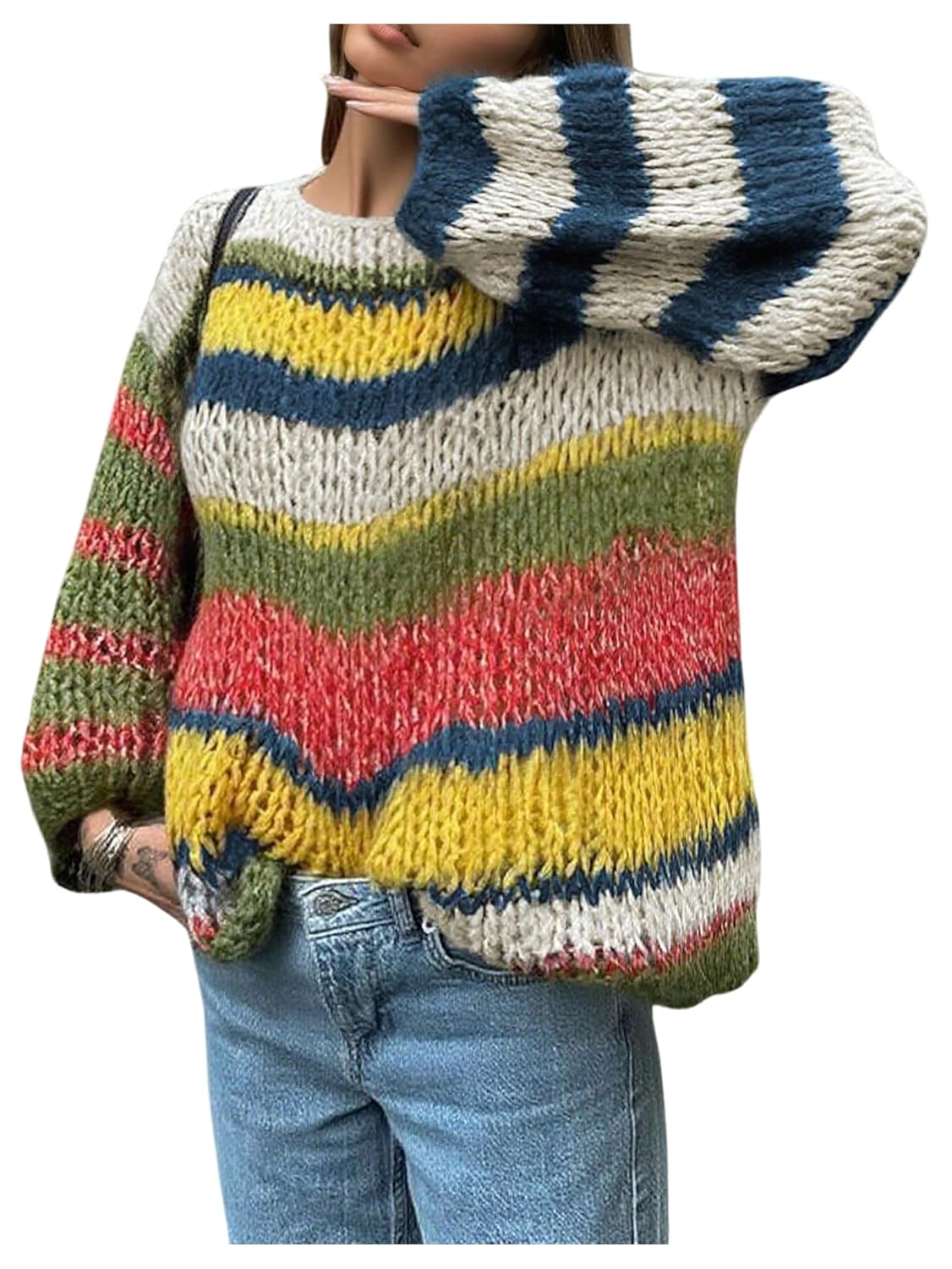 Milumia Womens Rainbow Striped Crochet Sweater Fall Long Sleeve Oversized Pullover Knit Tops