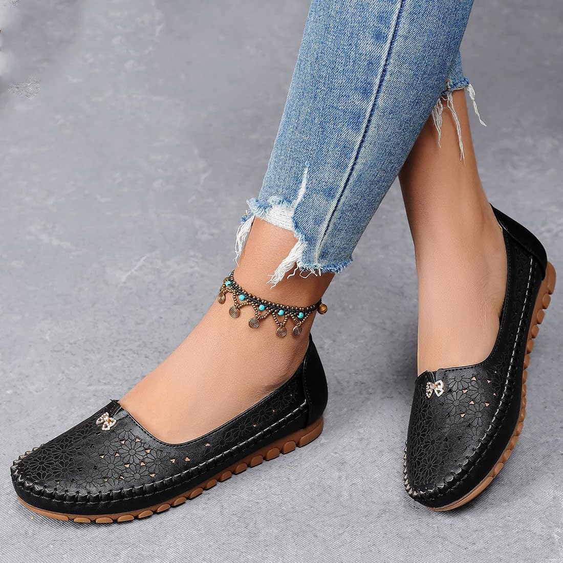 Stilvolle und leichte orthopädische Schuhe, florale Aushöhlung Fahrschuhe | Orthopädische Damen-Slipper aus atmungsaktivem Leder, Slip-On-Strass-Schleife, Wanderschuhe für Business, Freizeit, elegant