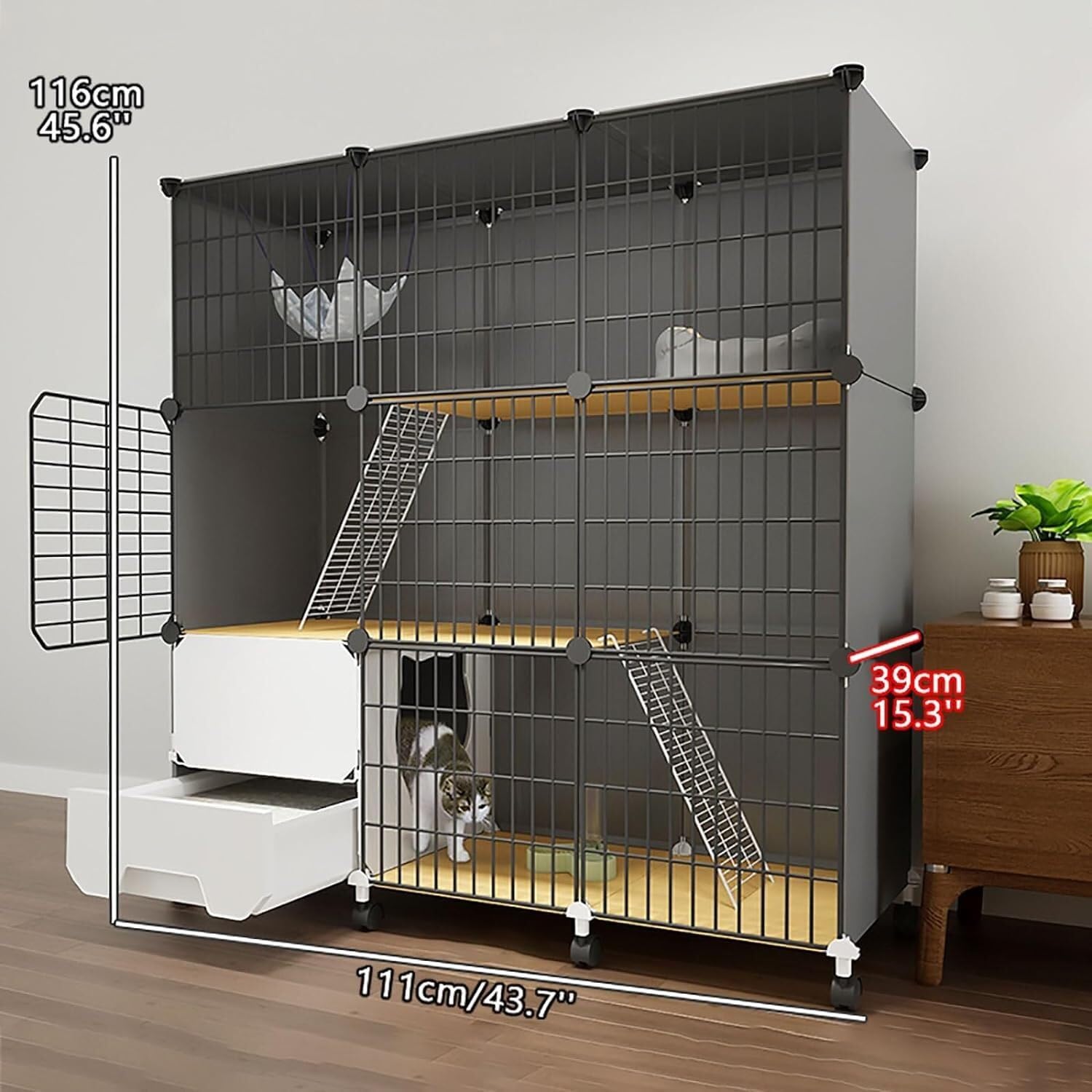Metalowy kojec dla kota Klatka dla kota do użytku wewnątrz z kuwetą, 3-poziomowa budka dla kota DIY ogrodzenie dla kota zdejmowana klatka dla kota buda z drutu metalowego dla 1-3 kotów