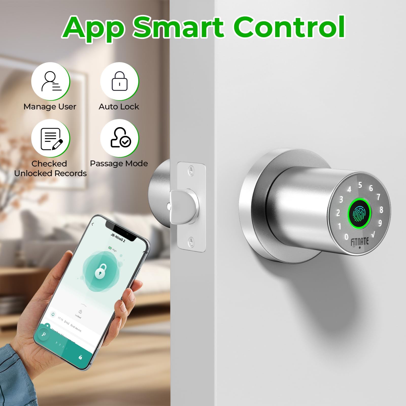 FITNATE 4 en 1 Smart Fingerprint Door Lock - Desbloqueo por huella dactilar, desbloqueo por contraseña, control por aplicación, llave de emergencia, apto para oficina, hogar y hotel, plateado