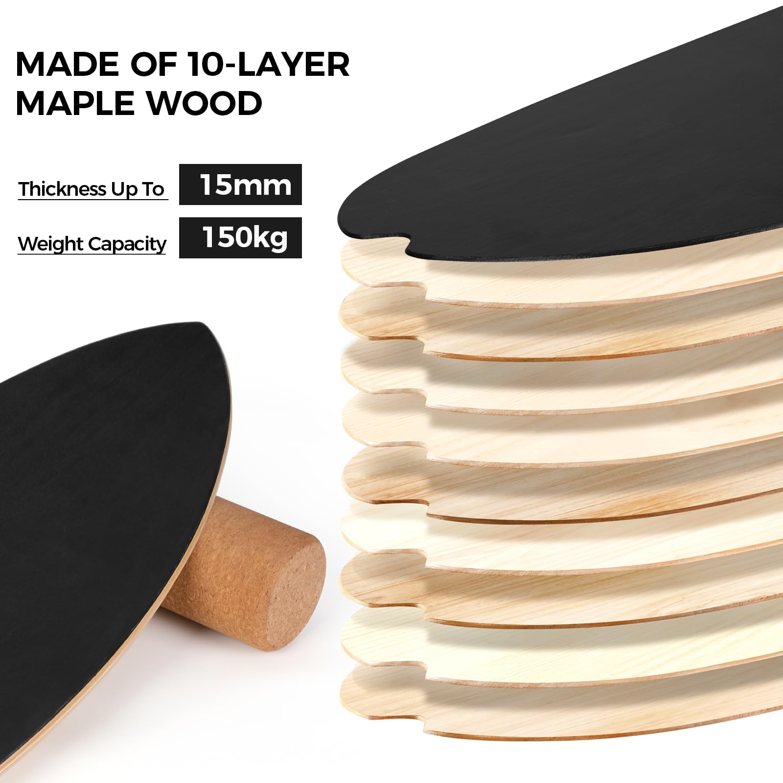 Balance Board 15 mm di spessore + rullo di sughero da 10 mm, carico massimo 150 kg, per surf e pattinaggio indoor