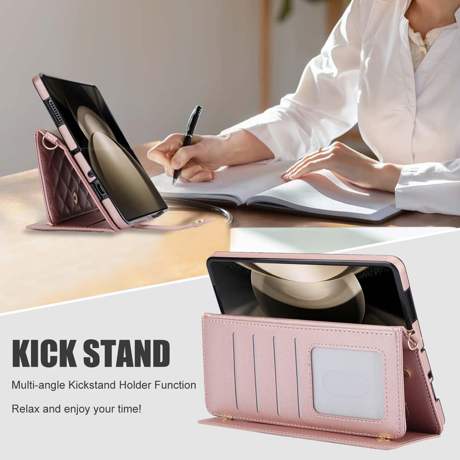 Skórzane etui do Samsunga Galaxy Z Fold 6, dwustronne etui z klapką, wielofunkcyjny modny portfel Etui na telefon komórkowy z 6 miejscami na karty i uchwytem na długopis S-Pen, różowy