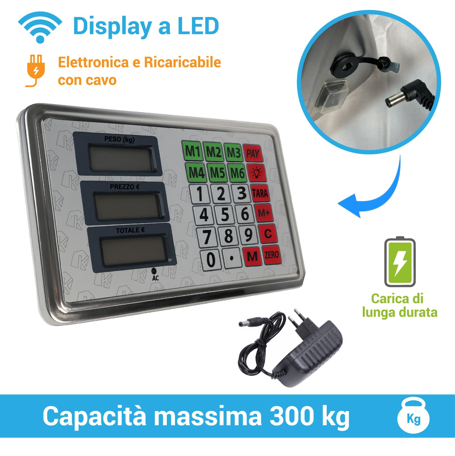 Crisalide Báscula de plataforma industrial inalámbrica 300 kg – Pantalla LED, plataforma de acero inoxidable, recargable con cable – 2 fuentes de alimentación incluidas – Báscula profesional