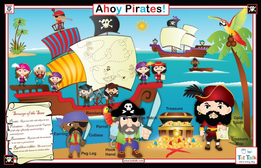 Tot Talk Ahoy Pirates Educational Placemat for Kids – Made in USA – Durable, Double-Sided, Pirate Learning Placemat with Pirate Code & Famous Pirates – Waterproof, Wipeable, 17.5” x 11.5”