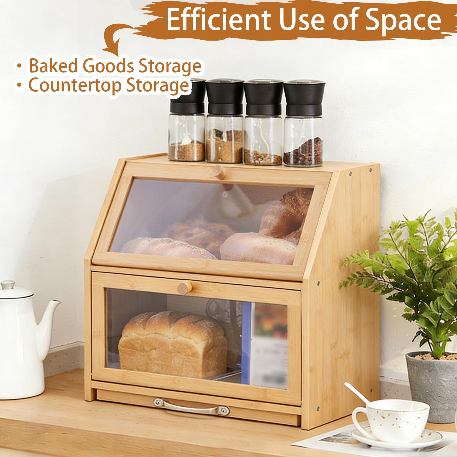 Dwupoziomowy chlebak bambusowy z deską do krojenia, akrylowym okienkiem otwieranym od przodu, oszczędzający miejsce w kuchni-Natural-A||L42xW25xH40cm-with Knife Only