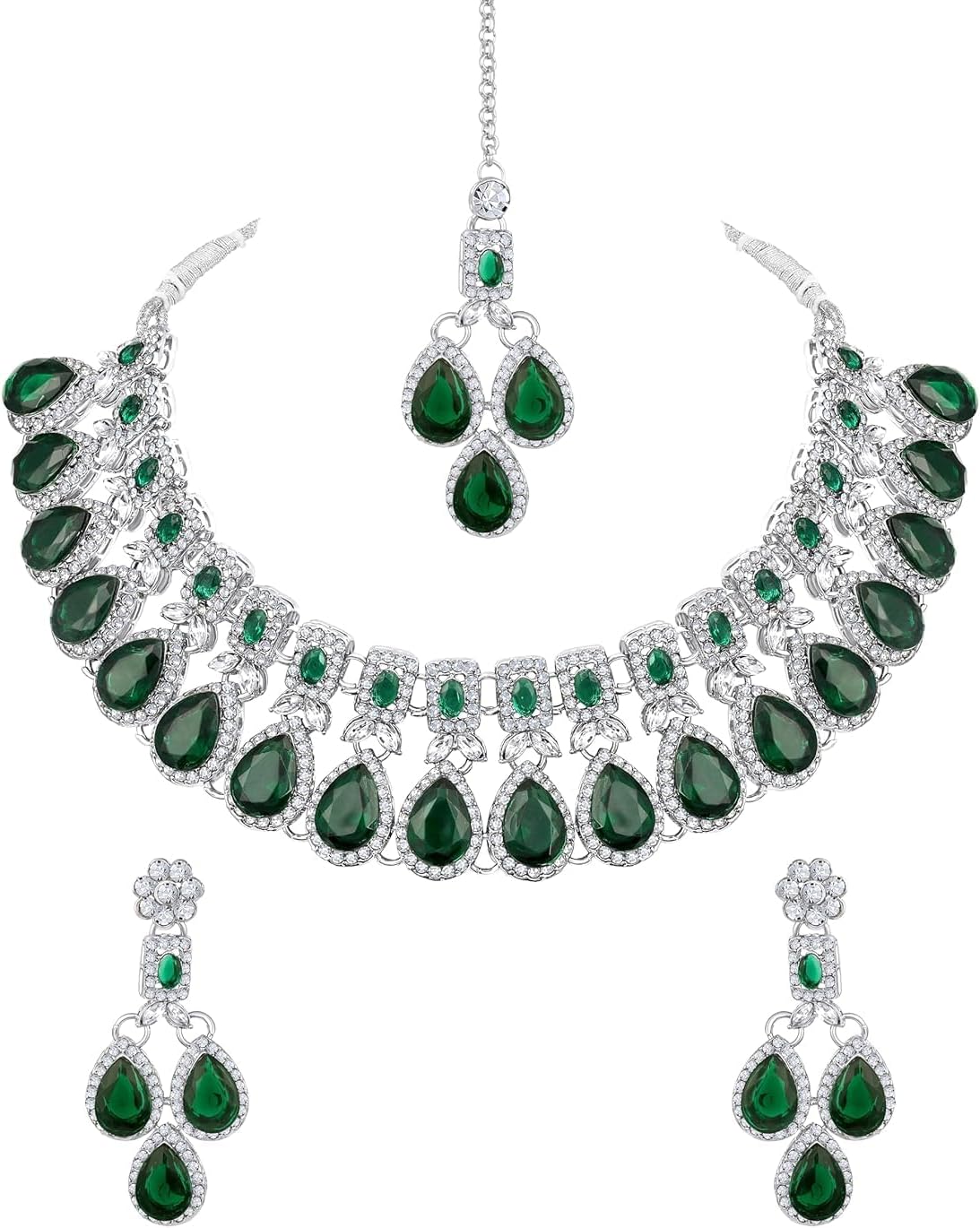Parshwa Creation Indian Bollywood Silver Plated Jewelry Set, Wedding & Bridal Choker Necklace, Earrings & Tikka Fashion Jewelry For Women, Engagement & Party Wear Alloy, Resin Beads, Rhinestone Jewelry Set