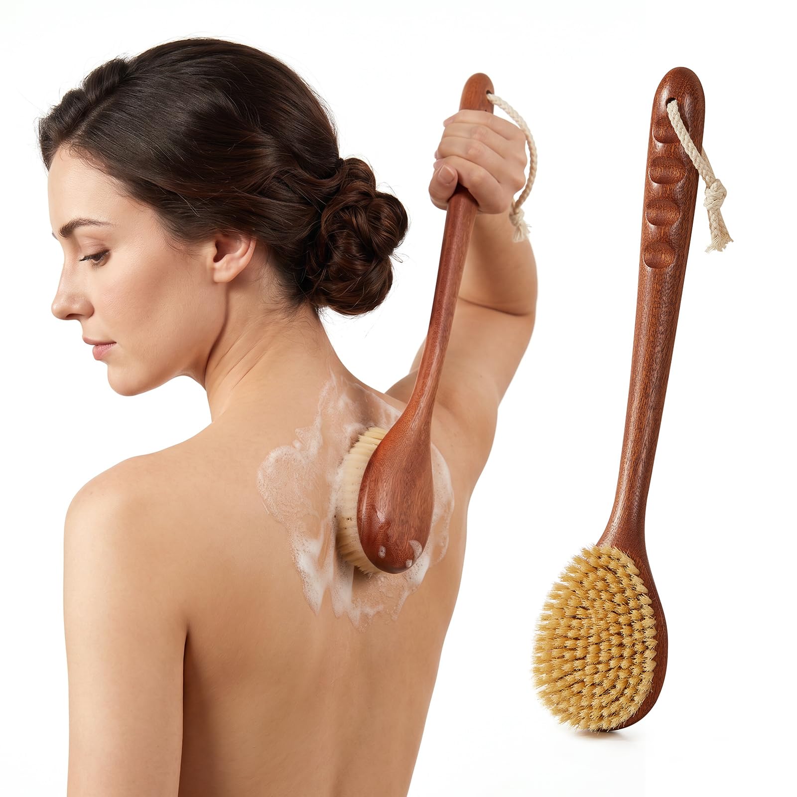Dry & Wet Body Brush with Long Handle and Natural Boar Bristles