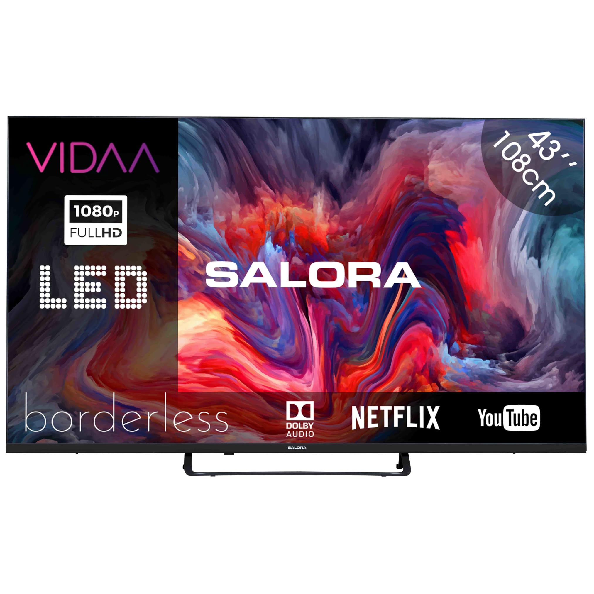 SALORA FOD43FV– Fernseher 43 Zoll – Smart TV mit Full HD Display, Android TV, Vidaa OS, Triple Tuner DVB-T2/S2, WLAN, Ethernet, 3X HDMI, randloses Design für modernes Wohnen
