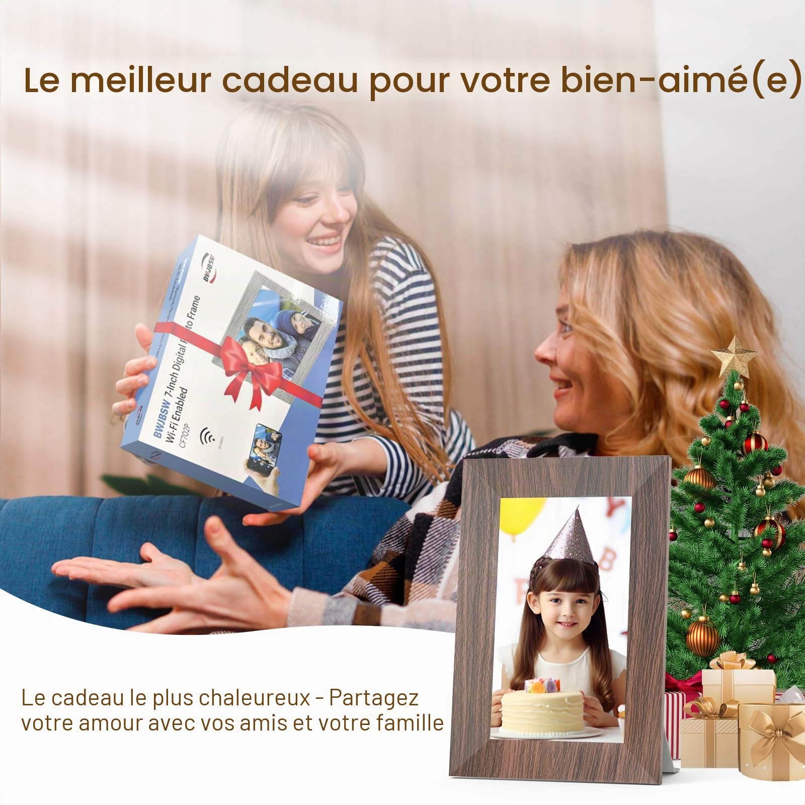 Cadre Photo Numérique, BWJBSW 7 Pouces WiFi IPS Écran Tactile Cadre Photo Électronique, 32Go Stockage, Cadre Numerique Partager Photo Vidéo Musique Réveil, Prend en Charge 64Go Carte SD, Auto-Rotation