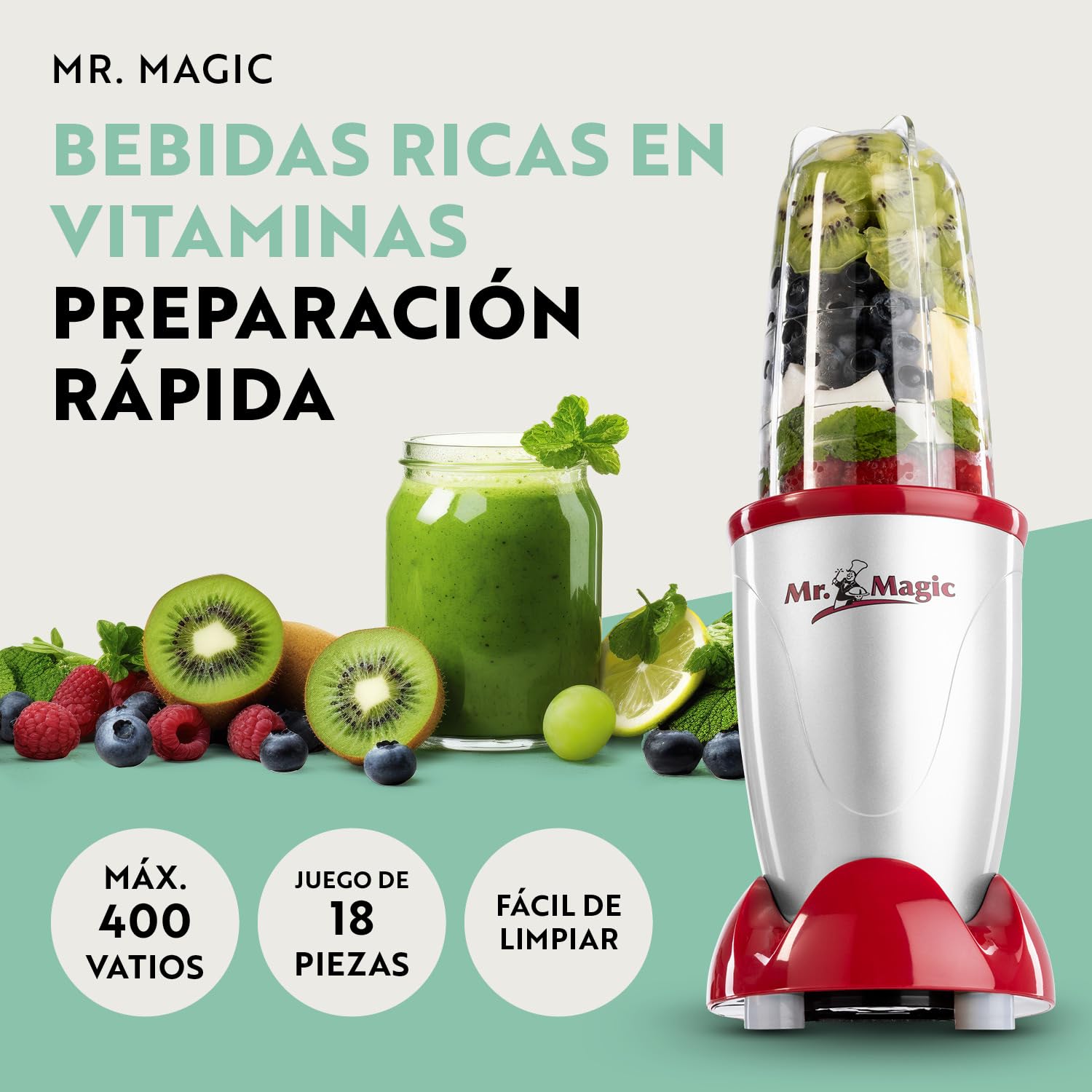 GOURMETmaxx Mr. Magic Mixer | Smoothie Maker con pack de accesorios XXL | Batidora de pie 18 piezas | Con tapas herméticas a prueba de fugas | Procesador de alimentos para batidos, smoothies, etc.