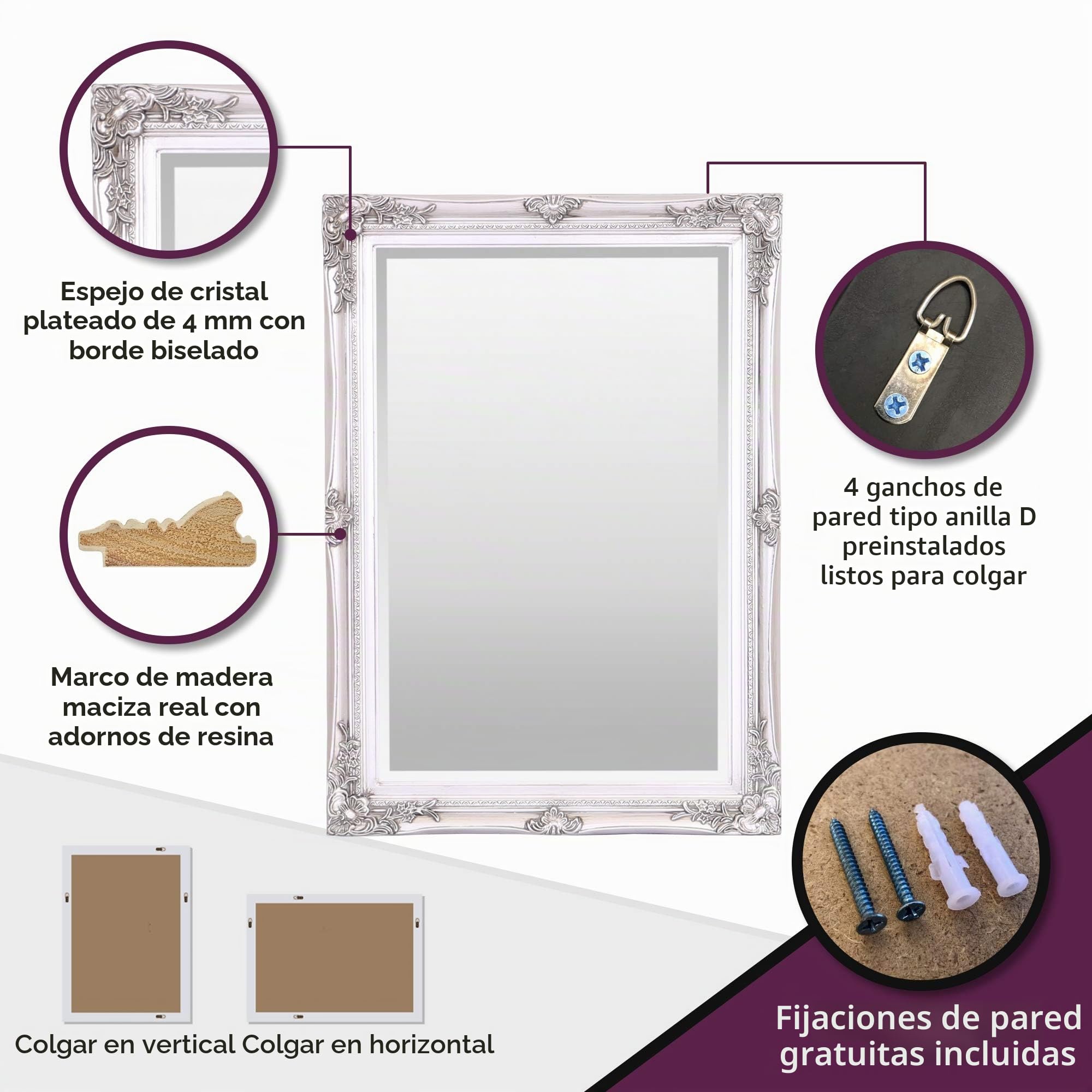 Select Mirrors Rennes - Espejo de pared vintage, estilo barroco, antiguo, diseño francés, marco de madera maciza (50 x 70 cm, plata antigua)