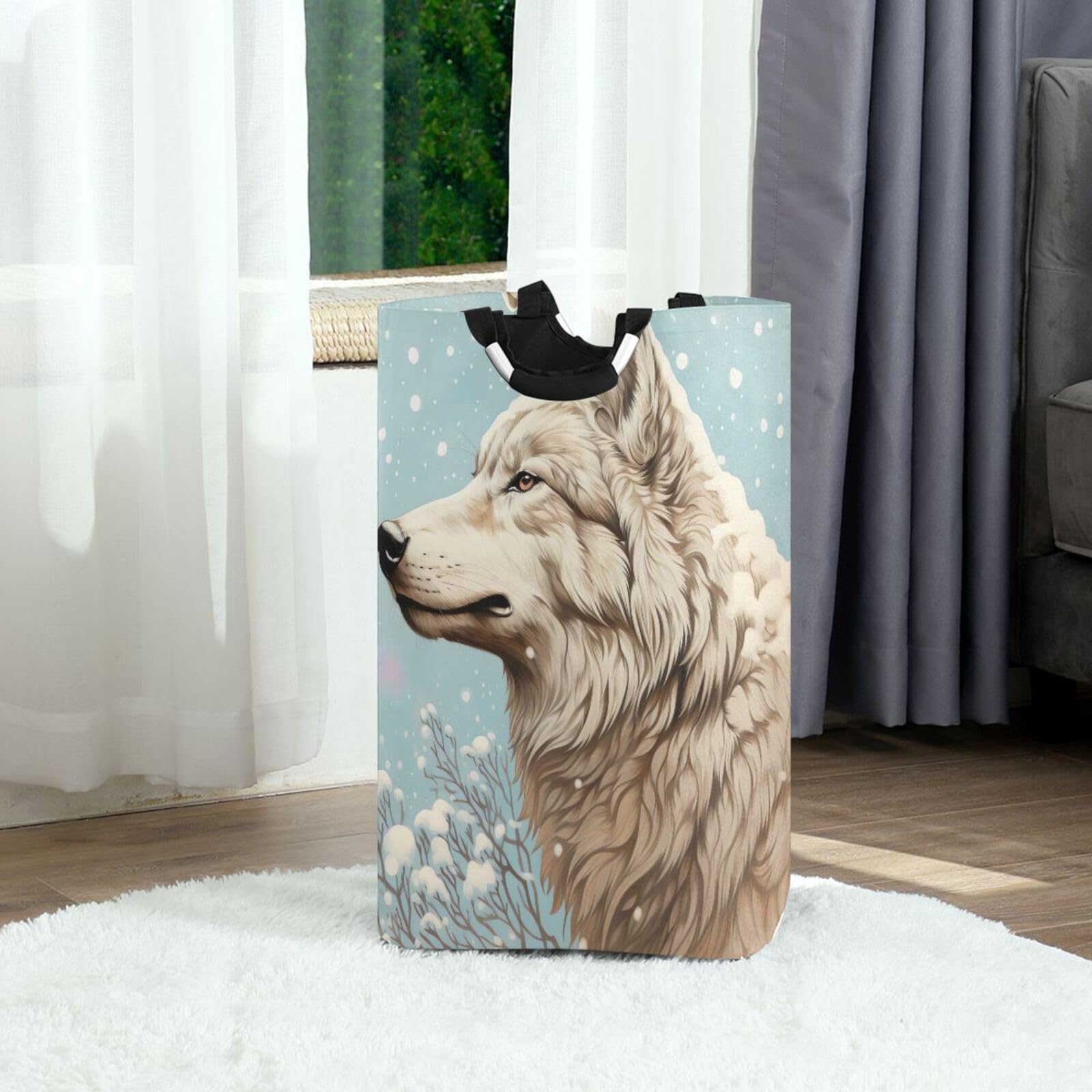 Jihqo Laundry Hamper Basket Snowy Day Wolf Collapsible Nursery Storage Bin Waterproof Clothing Baskets for Home Bedroom Bathroom Washing Room