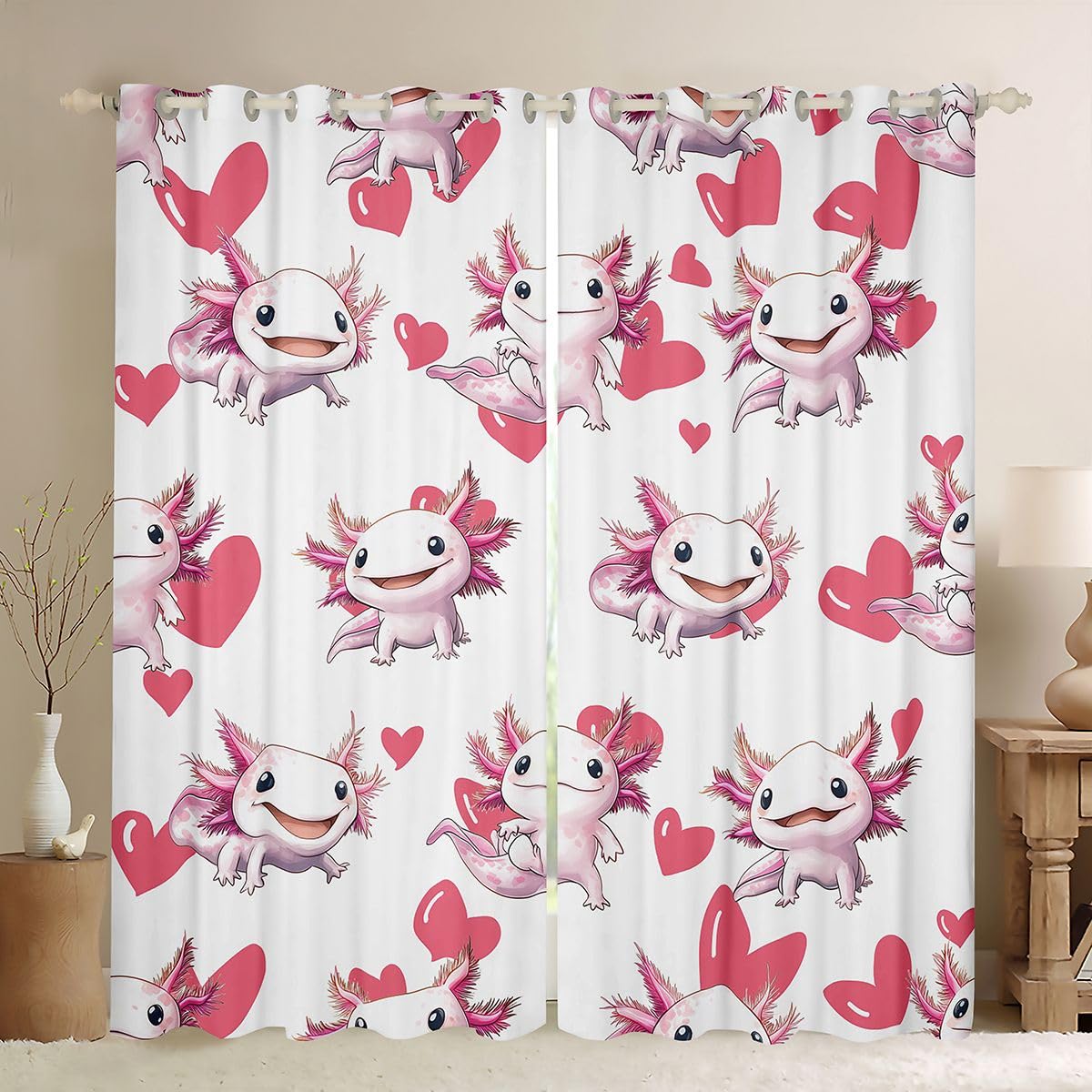 Homemissing Simpatiche tende Axolotl per camera da letto e soggiorno con stampa amante del cuore oscuranti, tende oscuranti con salamandra, stile kawaii, oceano marino, tendaggi per finestre, 2