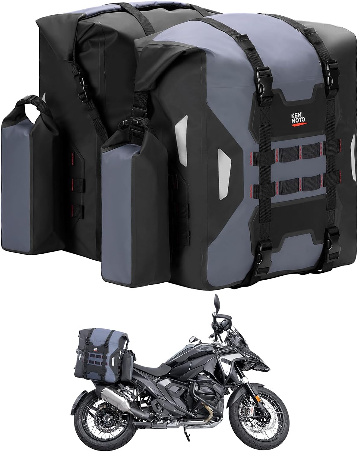 KEMIMOTO PVC Waterproof Motorcycle Saddlebags with Bottle Holders 52L(26Lx2) Adventure Sport Bike Luggage Bag Saddle Bags Side Bags for Motorbike Travel Detachable Motorcycle Bag