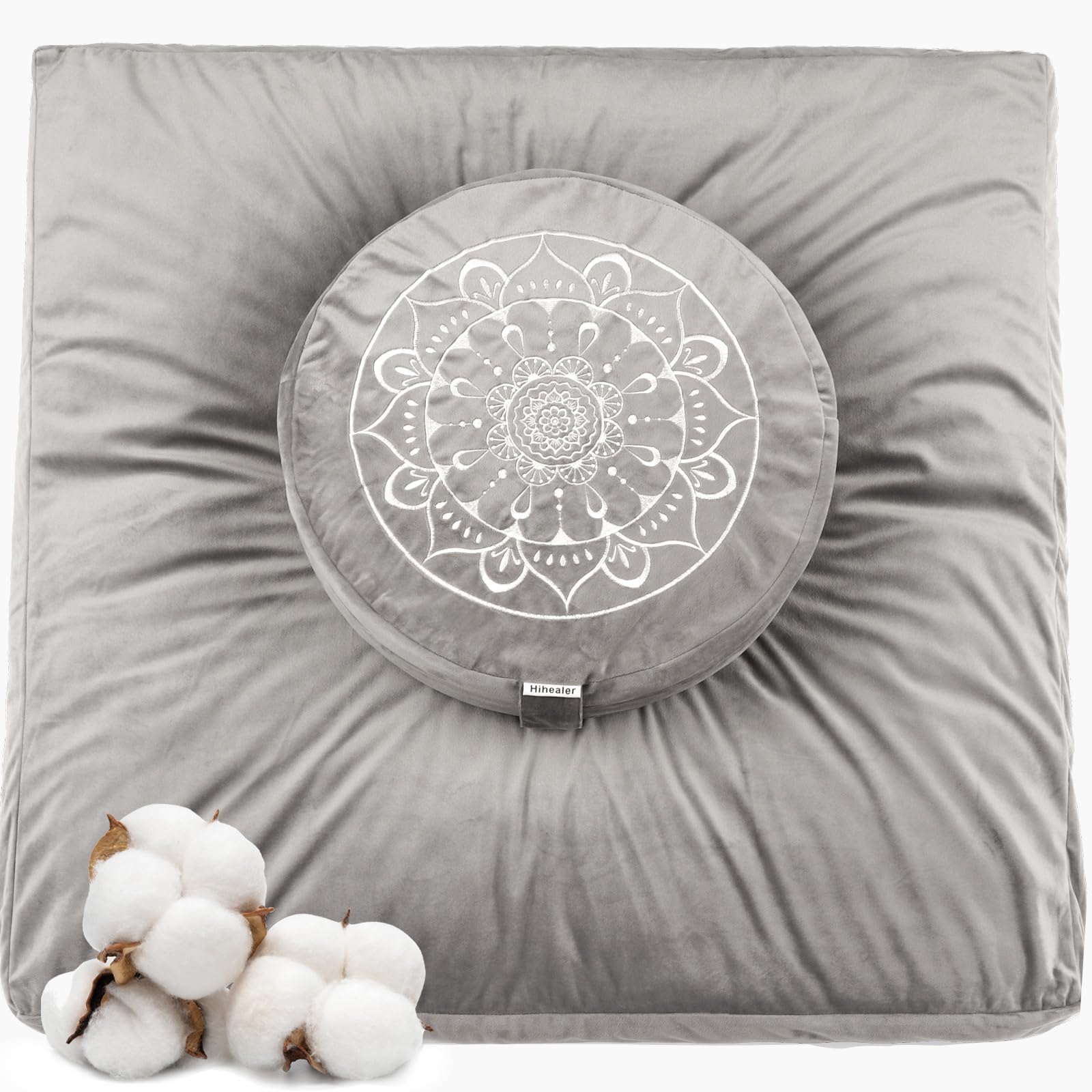 Hihealer Zabuton Meditation Cushion and Mat Set – Large Zafu and Meditation Mat for Men and Women, Ideal for Yoga, Relaxation and Mindfulness (Grey, 40 x 40 x 13 cm & 80 x 80 x 8 cm)