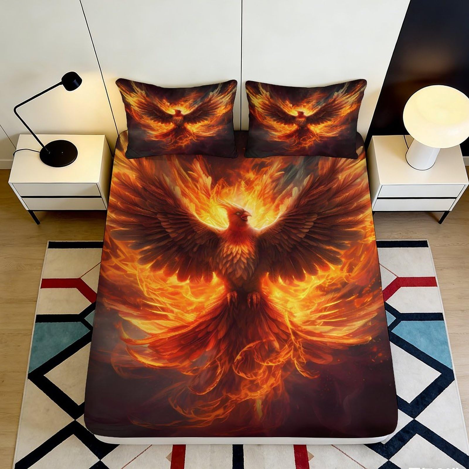 3D Printed Fiery Phoenix Fitted Sheet Microfiber Soft Breathable Flaming Bird Bed Cover for Bedroom Dorm Dormitory Mattress Protection Decoration 140x200x25cm