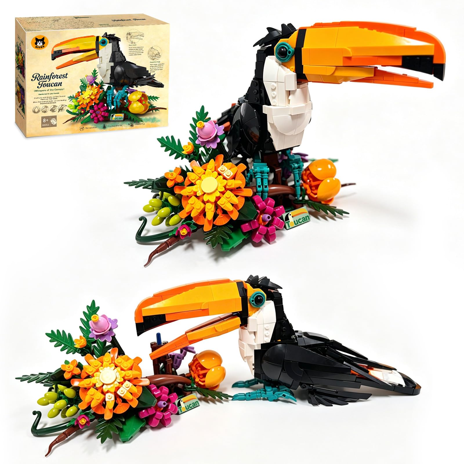 Toucan Building Kit, 1068 PCS Rainforest Bird Model with Botanical Base | Features openab…