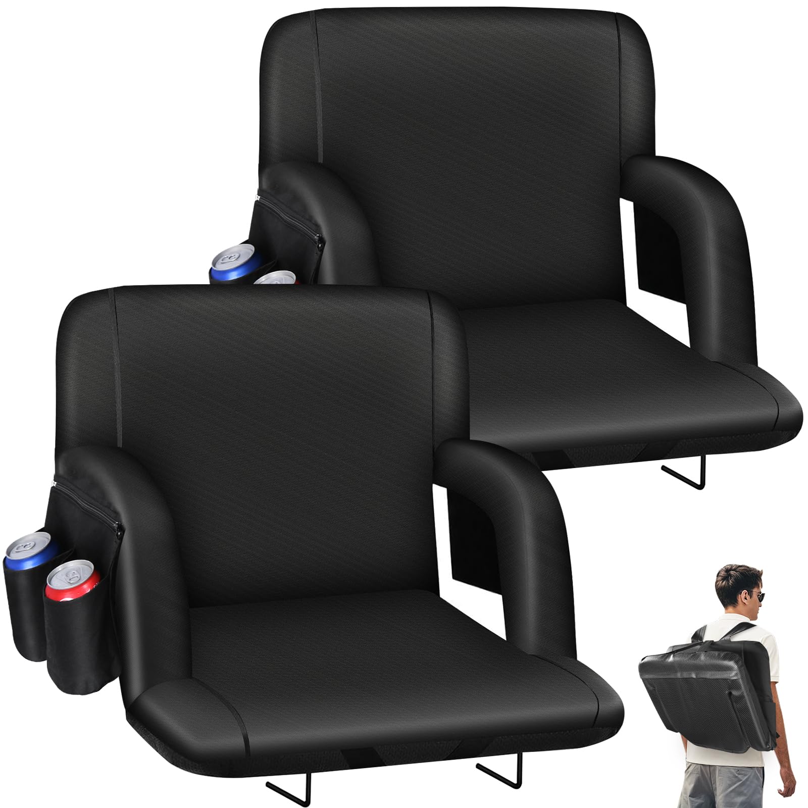 Stadium Seats with Back Support - 2.6''Thick Padded Bleacher Seat,6 Reclining Positions, Foldable Armrests, 3 Pockets, Steel Bleacher Hooks,Portable Strap for Sport Events, Beaches [2 PCS]