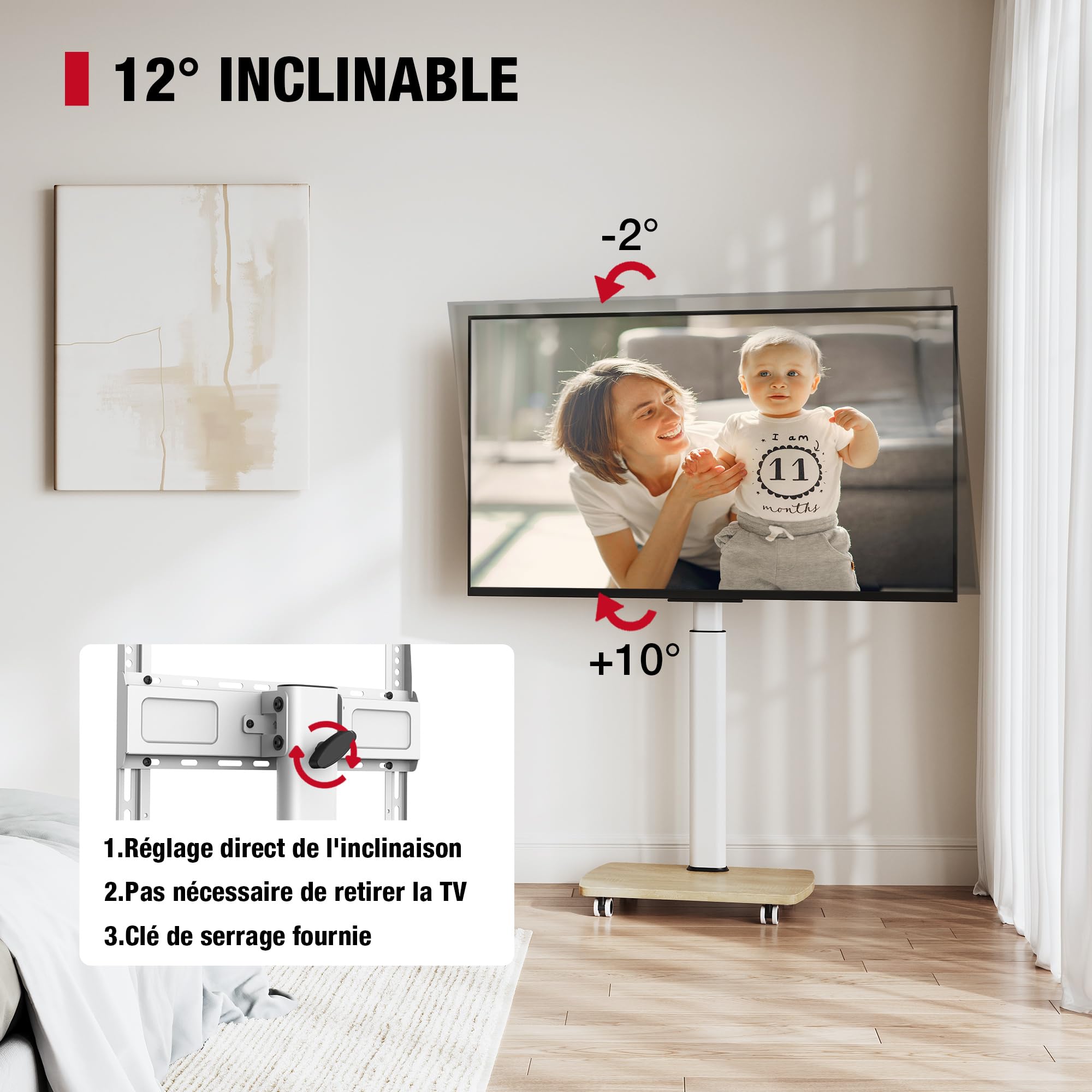 AOKCOS Support TV roulettes avec Base en Bois pour TV de 32-65 Pouces Horizontal et Vertical-Support TV sur Pied Plus Haut 1306-1626 MM Inclinaison 12° jusqu'à 35 KG Max. VESA 400x400mm