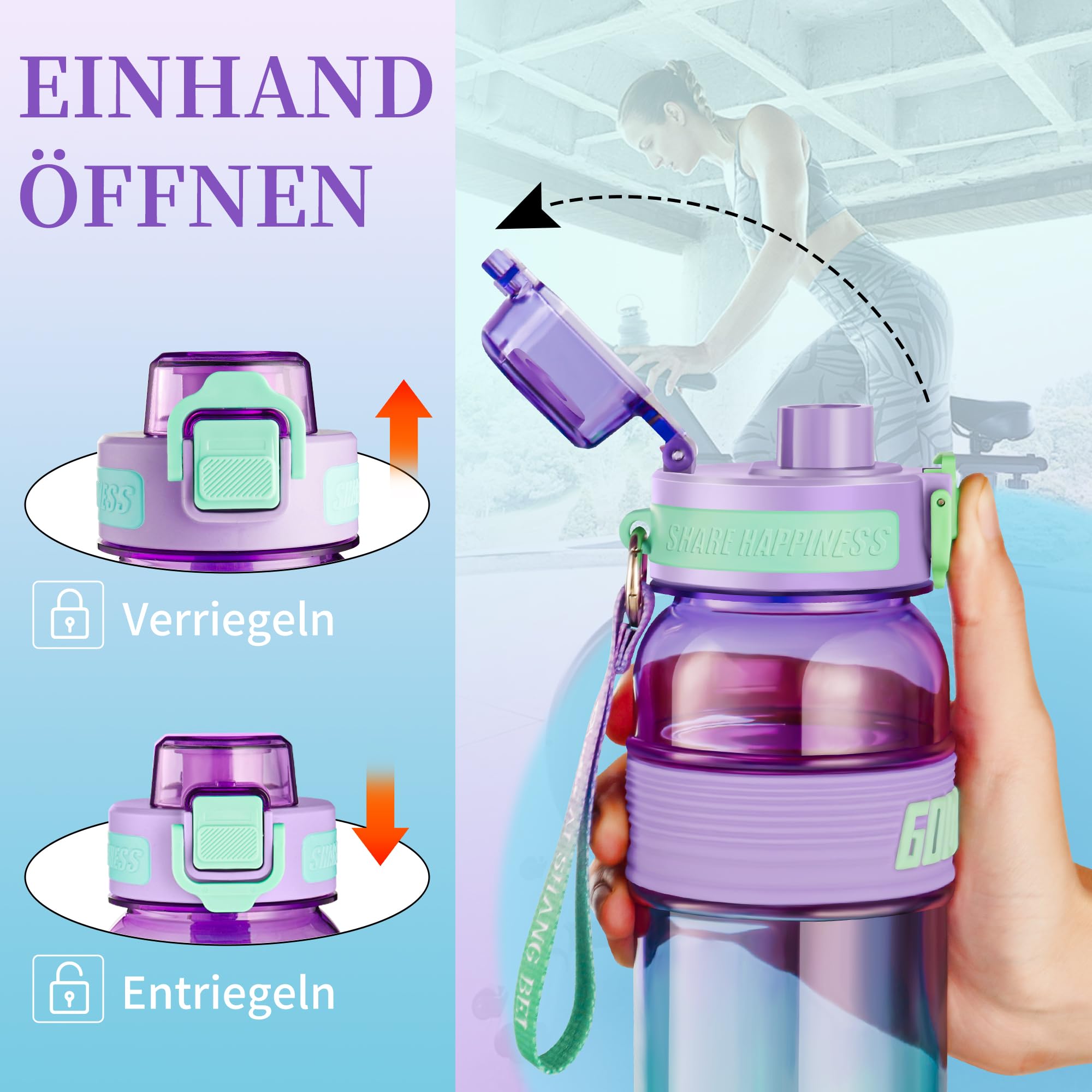 YC Kitchen Borraccia Sportiva Motivazionale 1L - Borraccia 1 litro, Bottiglia d'acqua Sportiva con paglia e trasporto cinghia