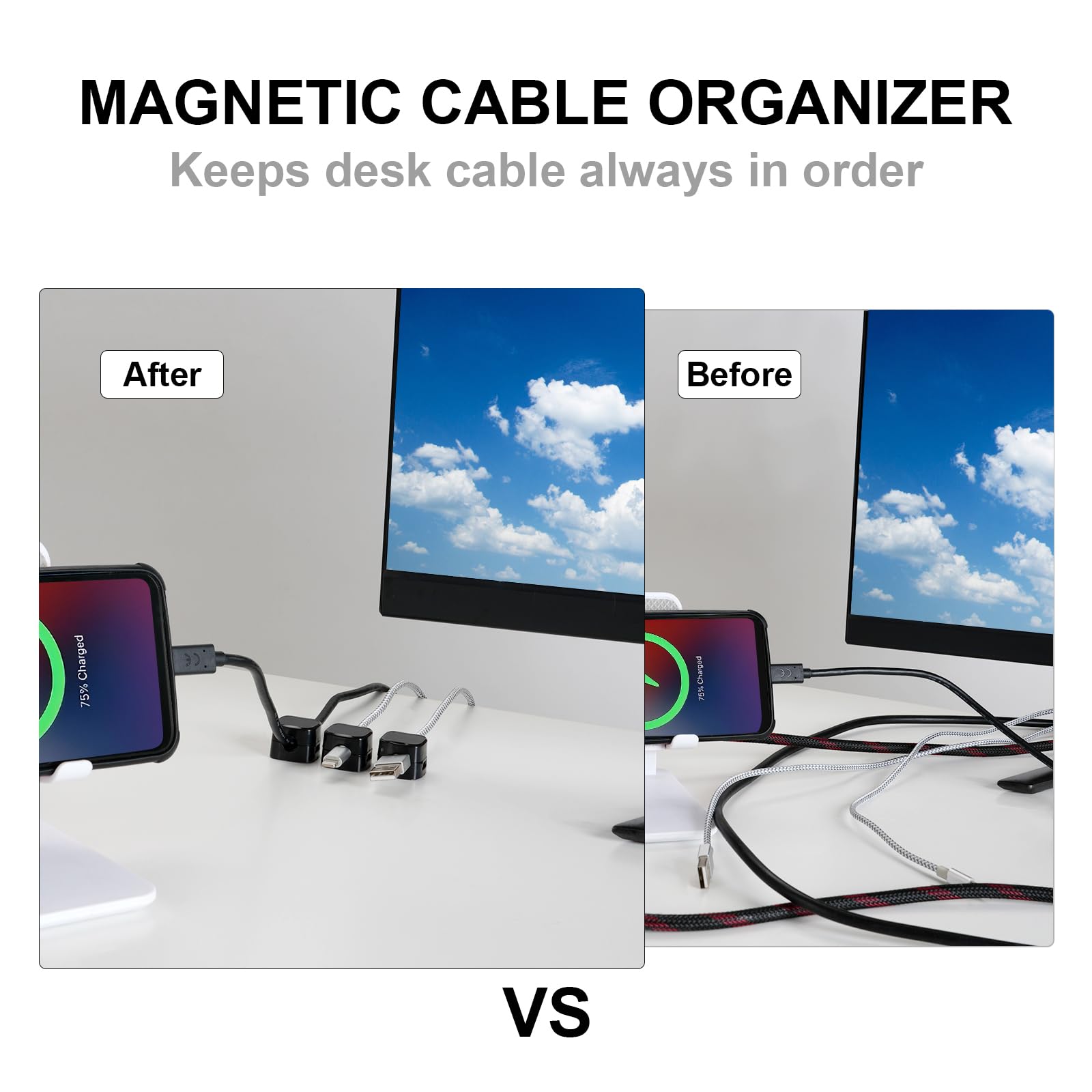 8 Magnetyczne uchwyty na kable, samoprzylepne klipsy do kabli efektywnego zarządzania kablami, regulowane organizery kabli do biurka, do kabli zasilających, kabli do ładowania (BIAŁE)