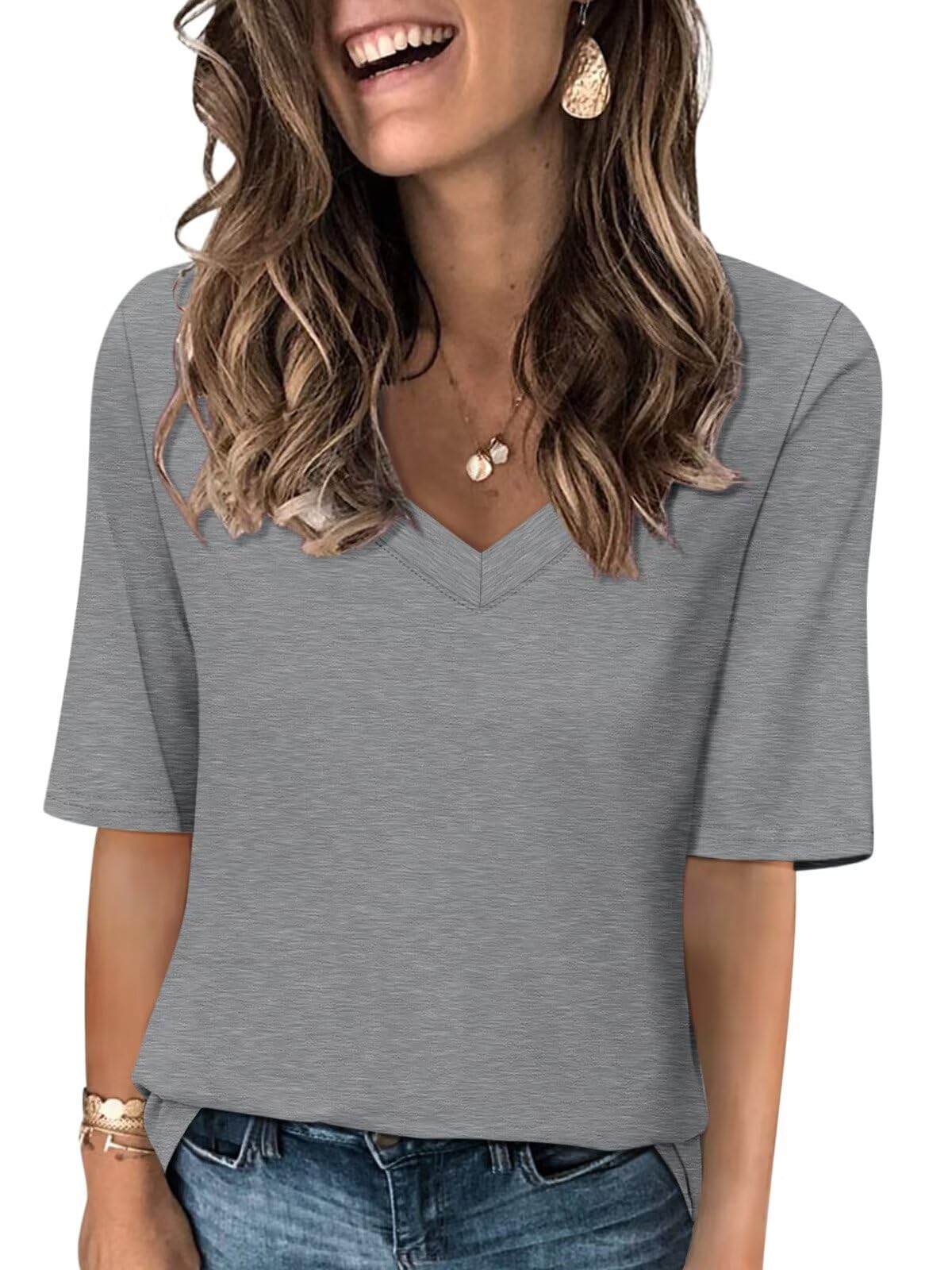 Minetom Women's V Neck T Shirts Casual Half Sleeve Tops Basic Summer Tees
