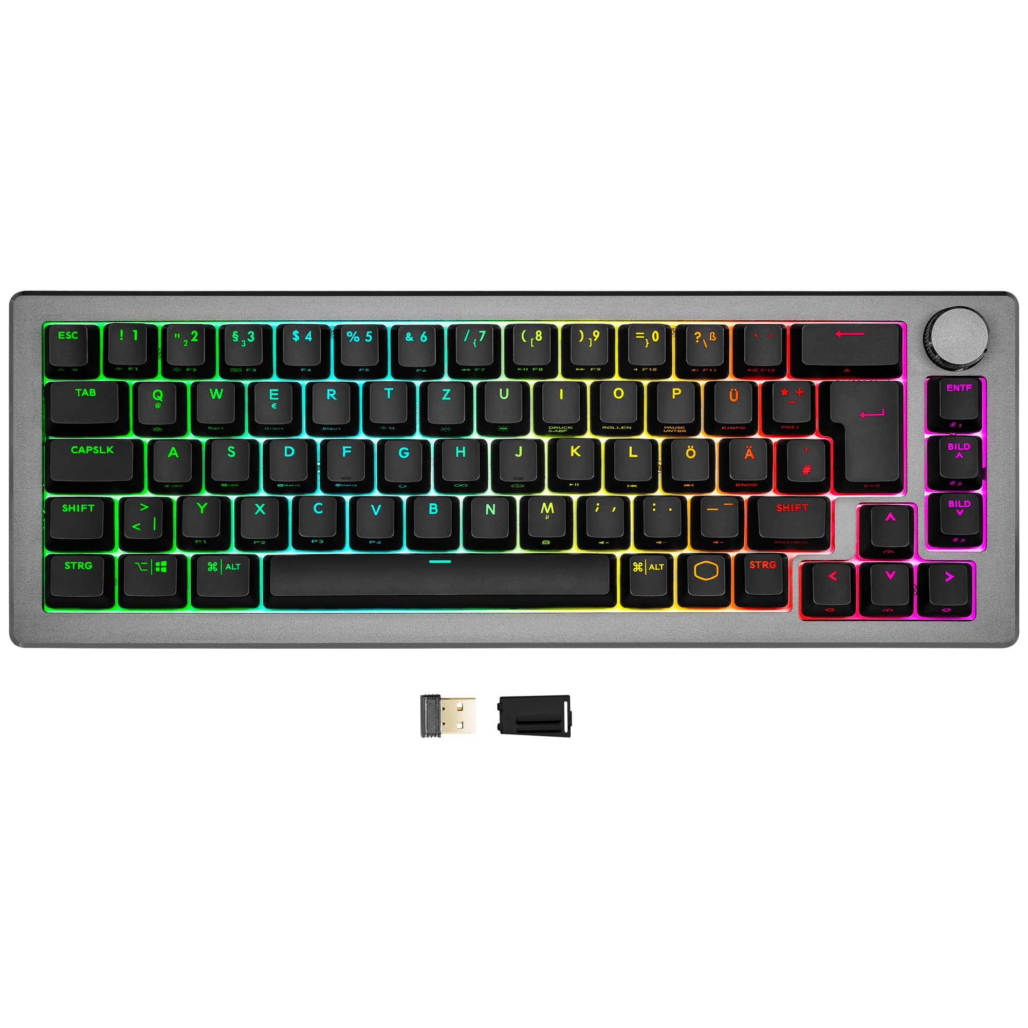Cooler Master CK721 Mechanische Tastatur - Keyboard mit 65% Layout, TTC-Schalter, RGB-Beleuchtung pro Taste, Hybrid-Wireless-Technologie, Präzisionsrad - Space Grau, DE - QWERTZ