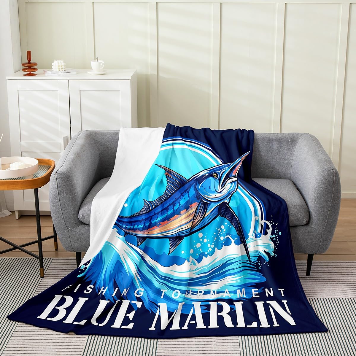 Loussiesd Blue Marlin Fish Flannel Fleece Blanket Pike Fish Plush Throw Blanket,for Sofa Bass Big Fish All Season,Bed Blanket Fishing and Hunting Single 50x60 Inch