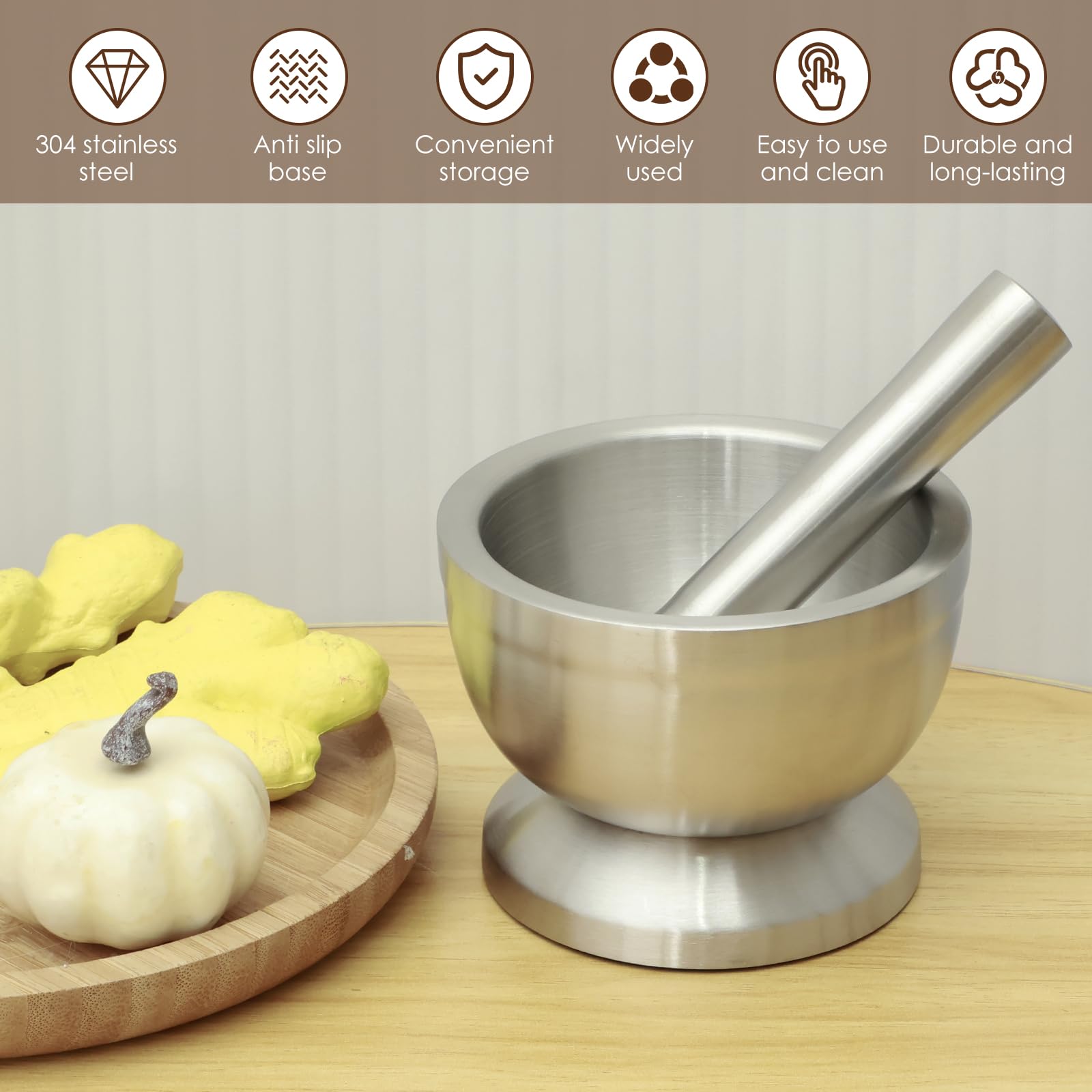 WhSunVo Stainless Steel Mortar and Pestle Set Efficient Spice Crusher with Silicone Lid and Anti Slip Base Rustproof Pill Crusher Kitchen Manual Masher for Grinding Herbs Seasonings(Trumpet)