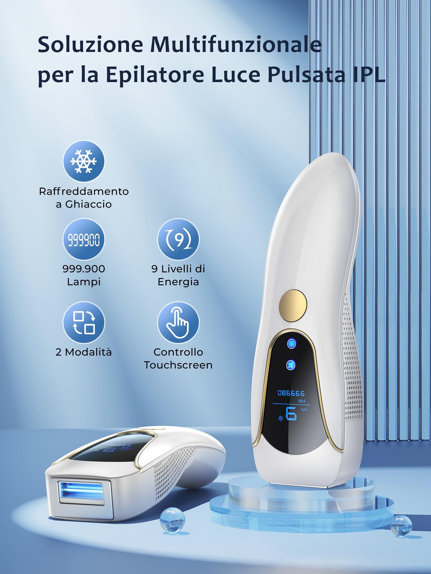 Epilatore Luce Pulsata con Funzione Ghiaccio, Luce Pulsata Efficiente 19,35J con 9 Livelli di Energia, Flash Continuo Automatico, Epilatore a Luce Pulsata per Donne, Braccia,Ascelle,Gambe
