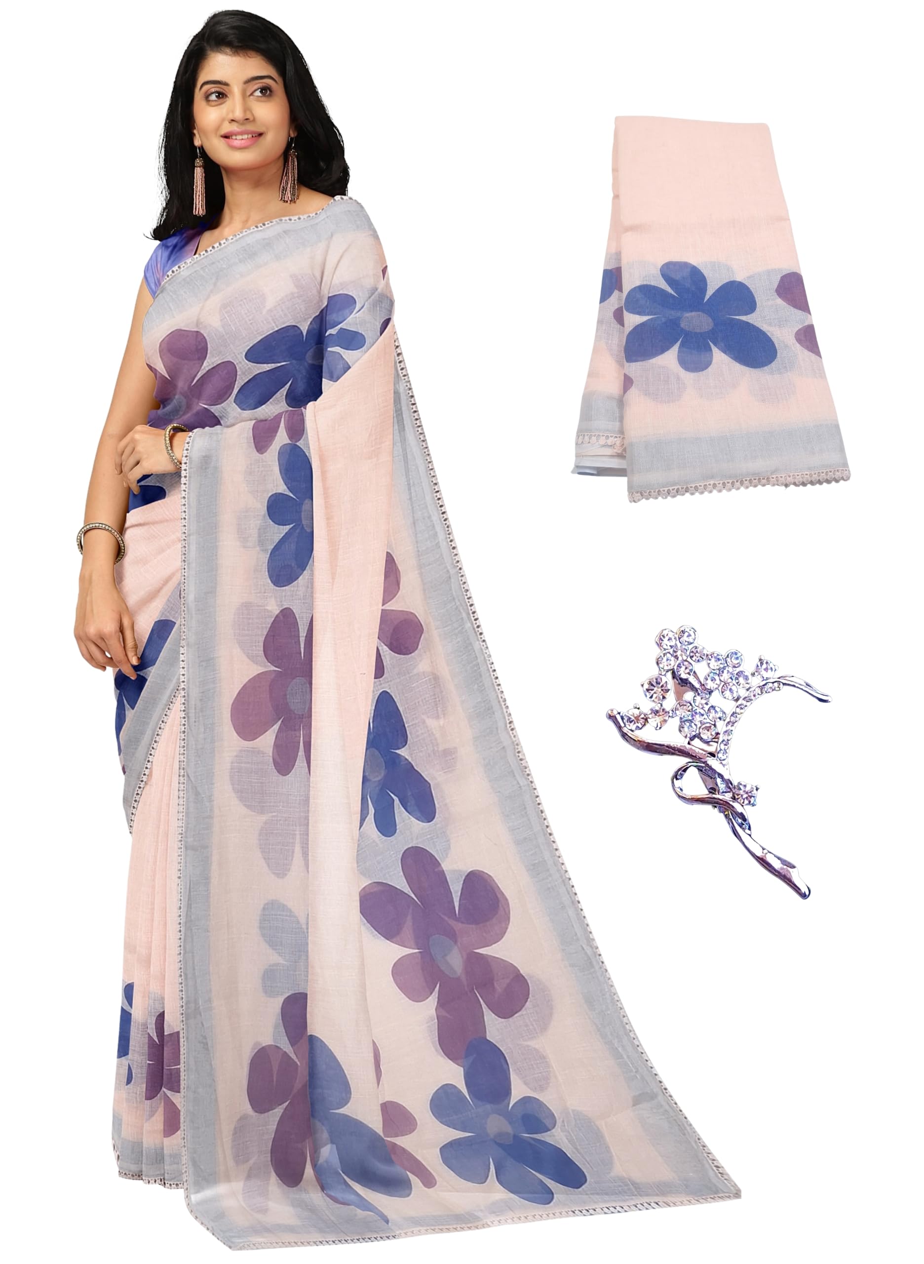 Women's Linen Cotton Saree Digital Print With Contrast Blouse-picture-10