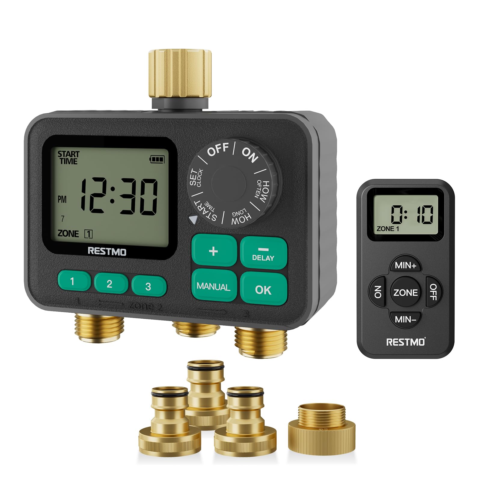 RESTMO Bewässerungscomputer mit integriertem RF-Chip und Fernbedienung, automatisch/manuell/Regenverzögerung, Bewässerungstimer für Gartenschlauch, Außenwasserhahn, Rasen