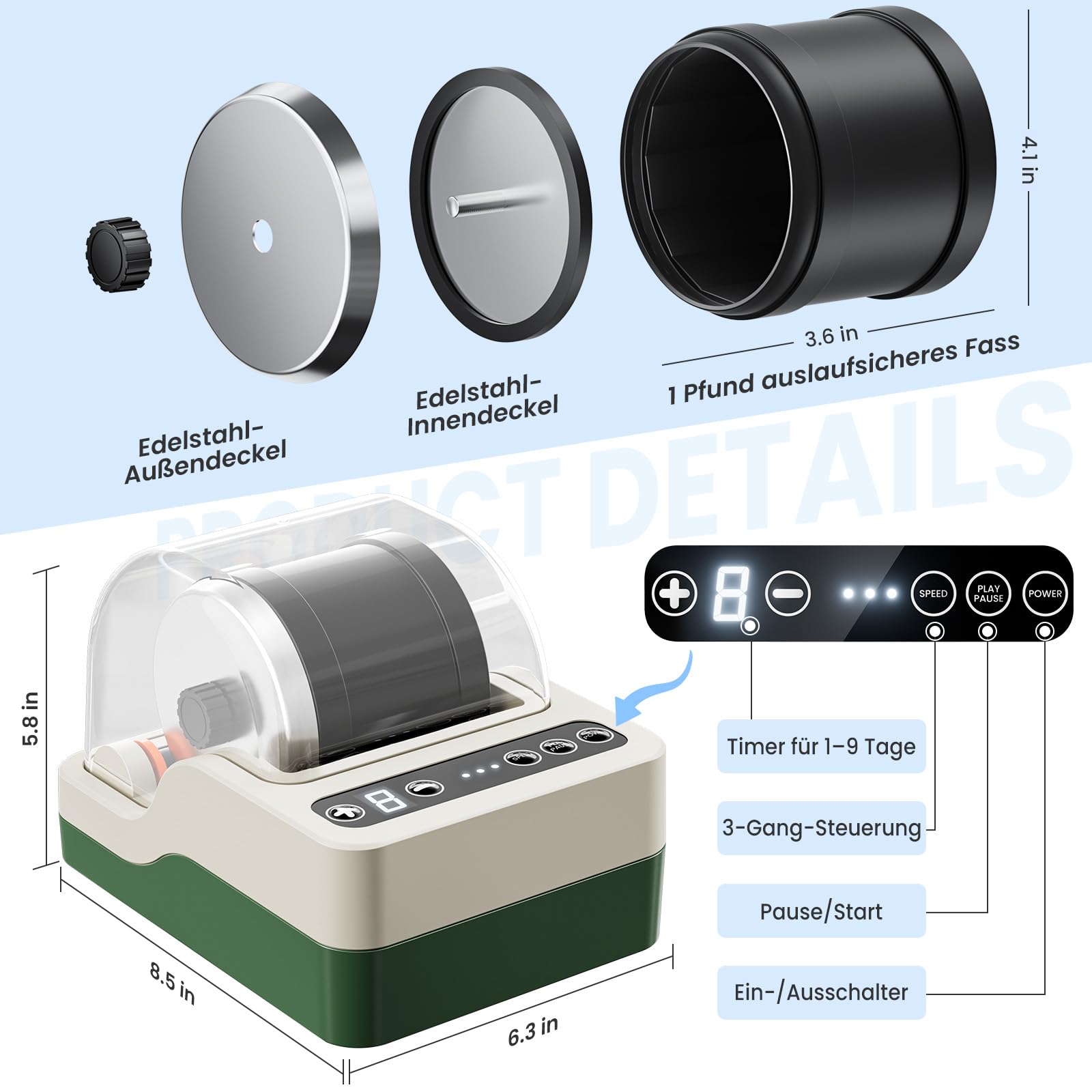 Professionelle Geräuscharme Rock Tumbler Maschine, Steinpoliermaschinen Set mit Geräuschdämmung für Kinder, Erwachsene und Steinsammler, 3 Gang Motor & 9 Tage Timer, Geologie Hobby Spielzeug Geschenk
