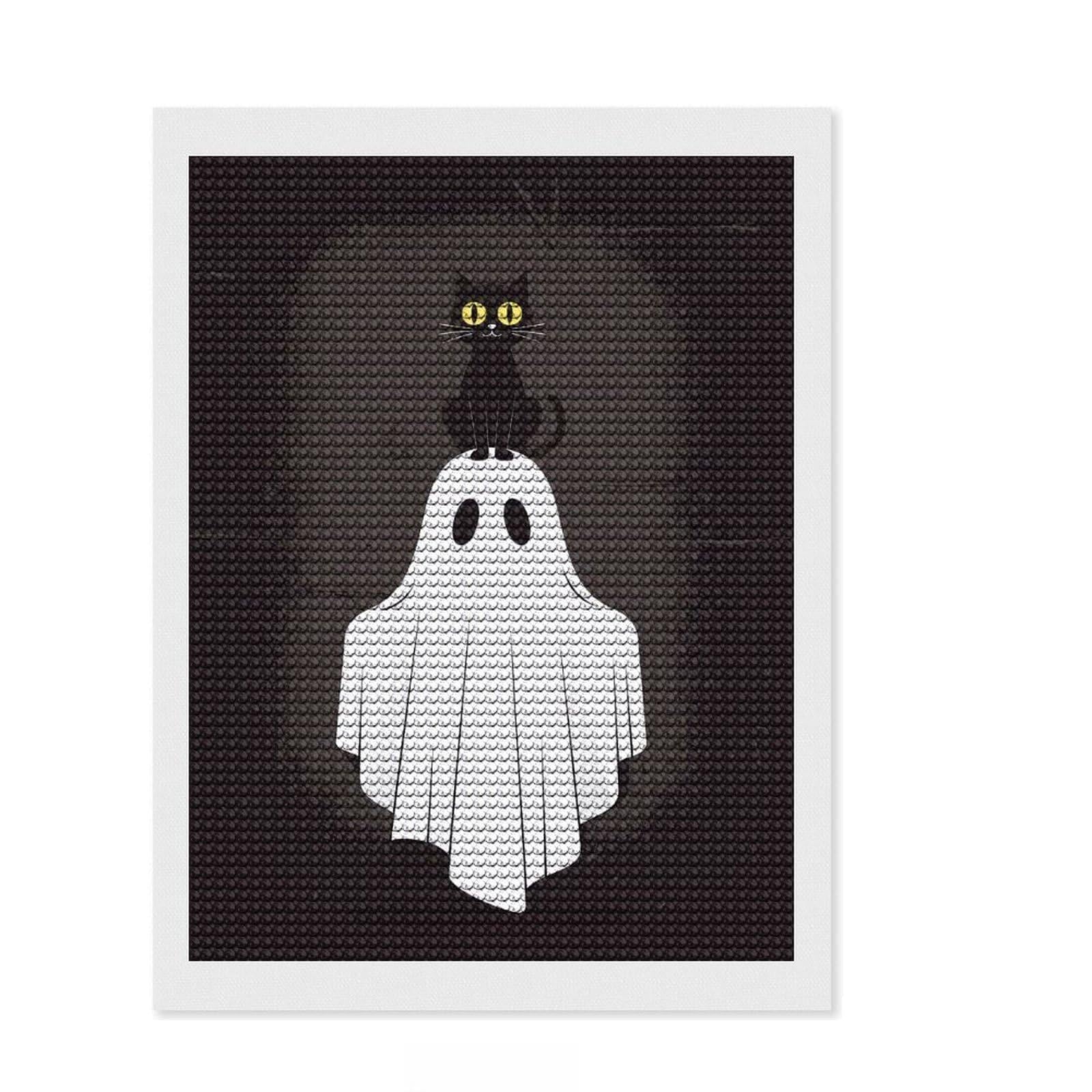 Junmoney Black Cat on Ghost Halloween Illustration Full Drill Diamond Painting Kit 12"x16", for Women, Complete Accessories, Thoughtful Handmade Gift, Farmhouse Decor