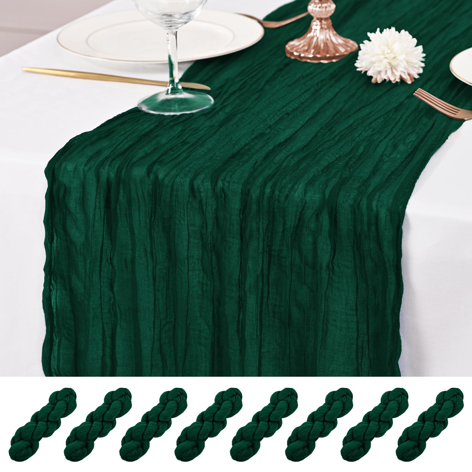 8 Pcs Emerald Green Cheesecloth Table Runner, 21x120 inch Emerald Green Table Runner Rustic Gauze Romantic Long Sheer Fabric 10Ft Cheese Cloth Table Runners for Wedding Party Bridal Baby Shower โ image 1