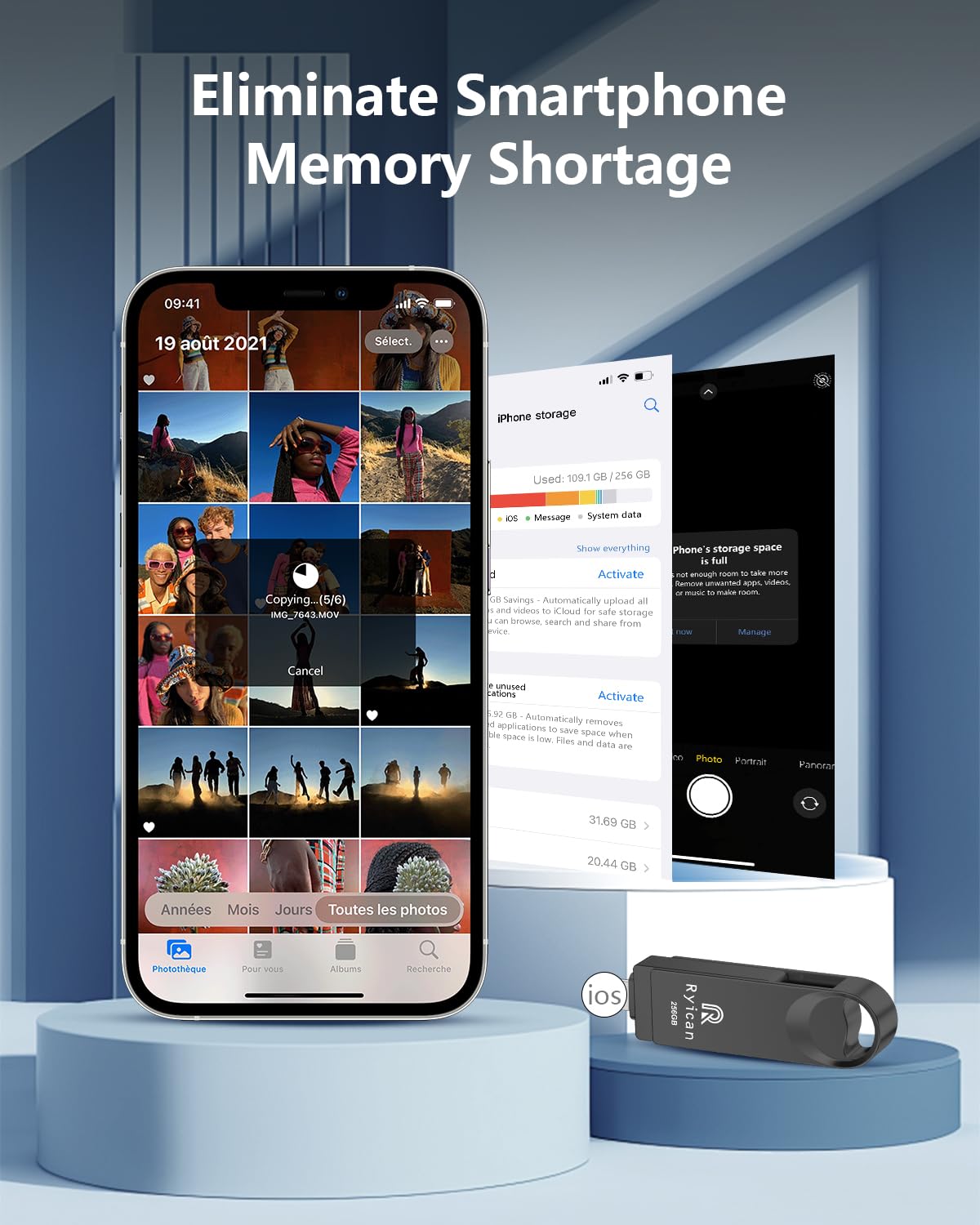 [Senza APP] Chiavetta USB per lPhone,Ryican 256GB Memoria Esterna Pendrive USB C 3.0 Chiavetta per lPhone per scaricare foto 4 in 1 Photostick per iOS/Smartphone/Pad/Android/PC/Tablet,Nero