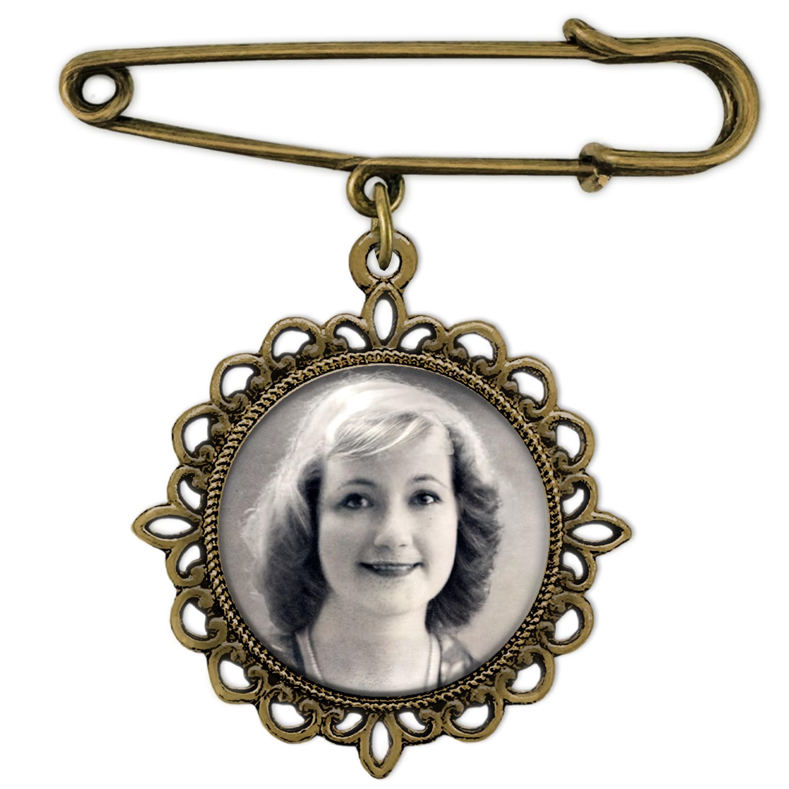 Wedding Boutonniere Bronze Gold Bouquet Photo Memorial Charm Pin Round Mother of the Bride Gift for Groom or Bride with Photo Resizing Software