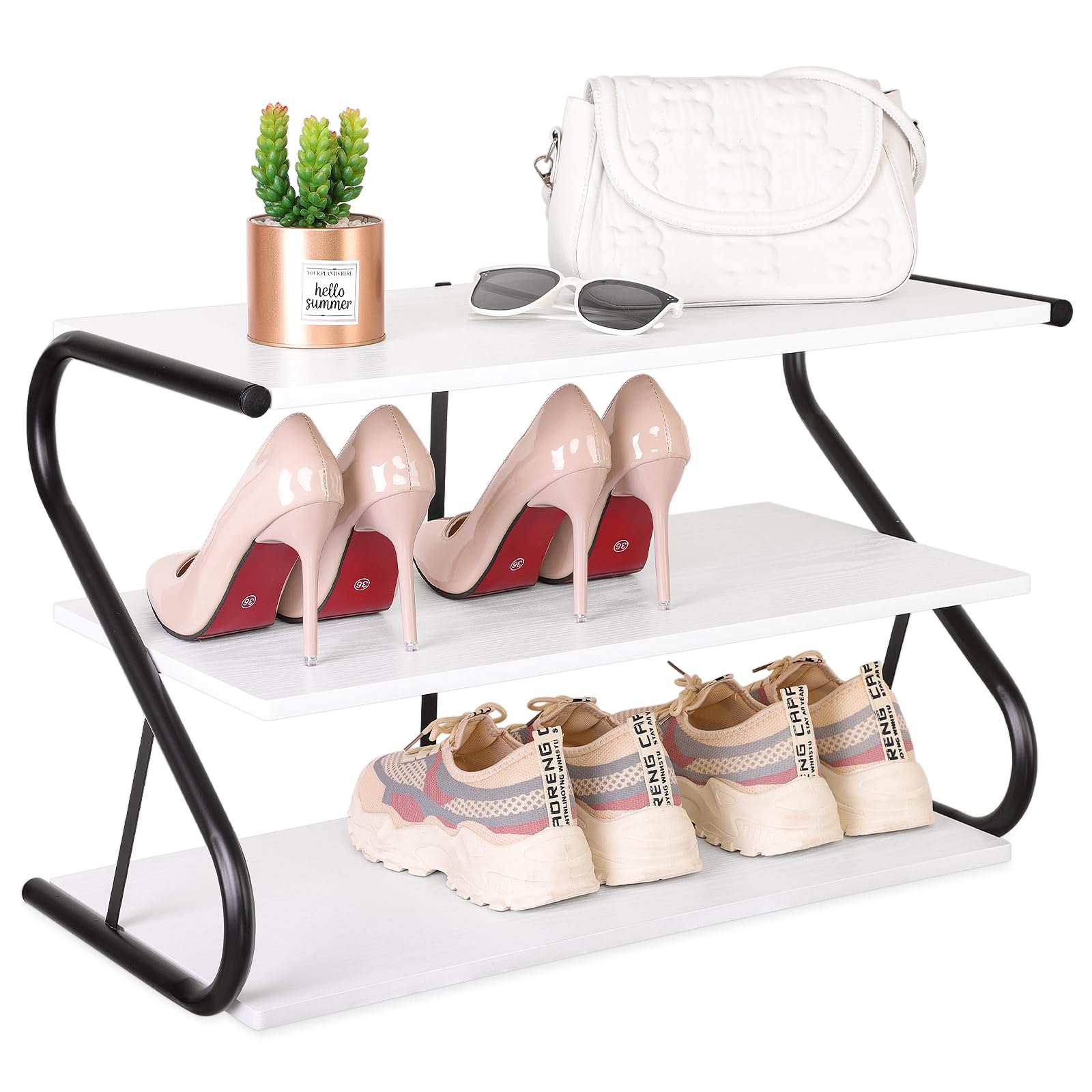 FEUFOAM Shoe Rack, Wood Shoe Shelf with Steel Frame, S-Shape Shoe Racks for Closet, 3-Tier White Wood Grain Shoe Storage Organizer for Entryway,