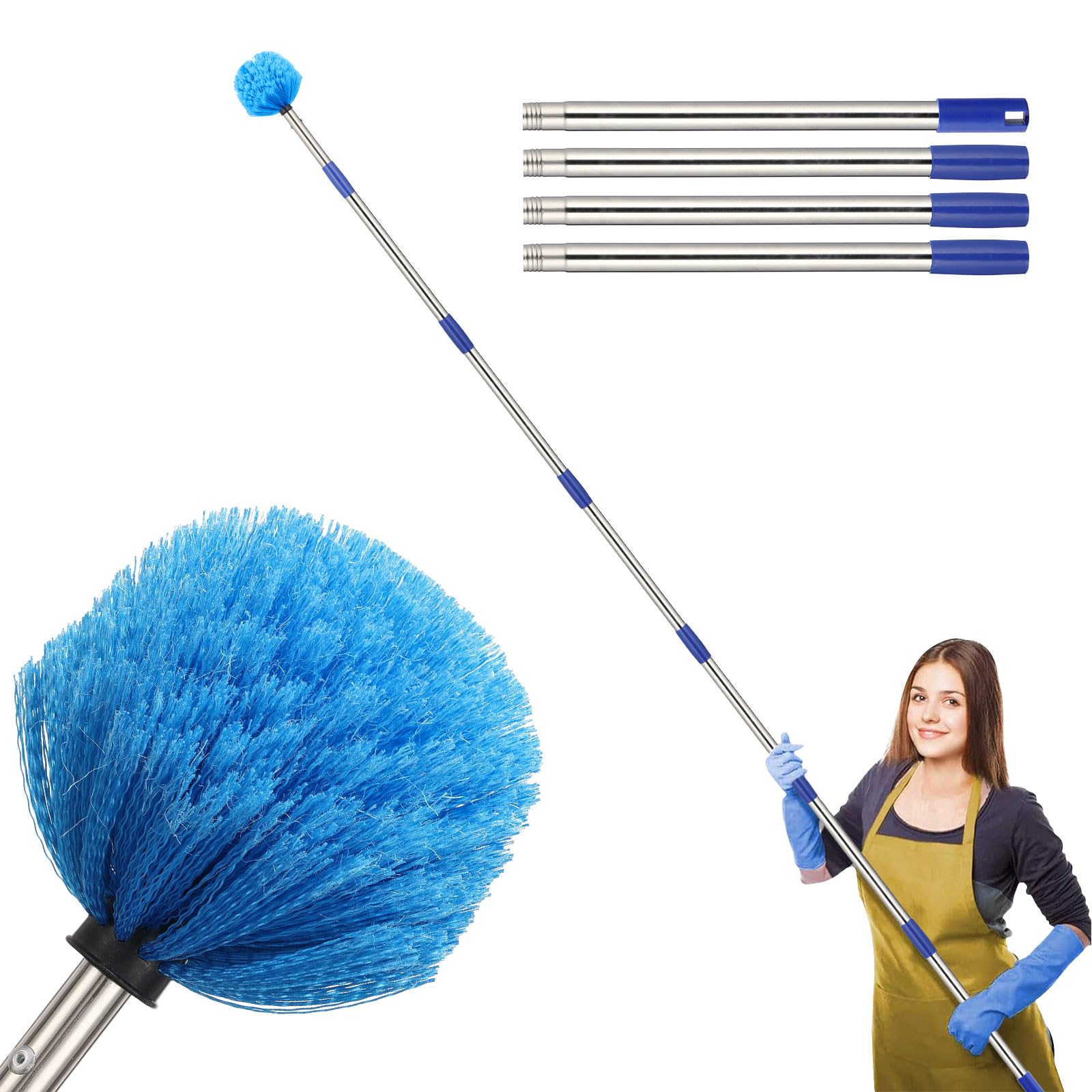Cobweb Duster with Extension Pole, 8 FT Long Duster for High Ceilings, Walls, Medium Stiff Bristles Cobweb Brush with Lightweight Stainless Steel Pole for Outdoor Indoor Cleaning