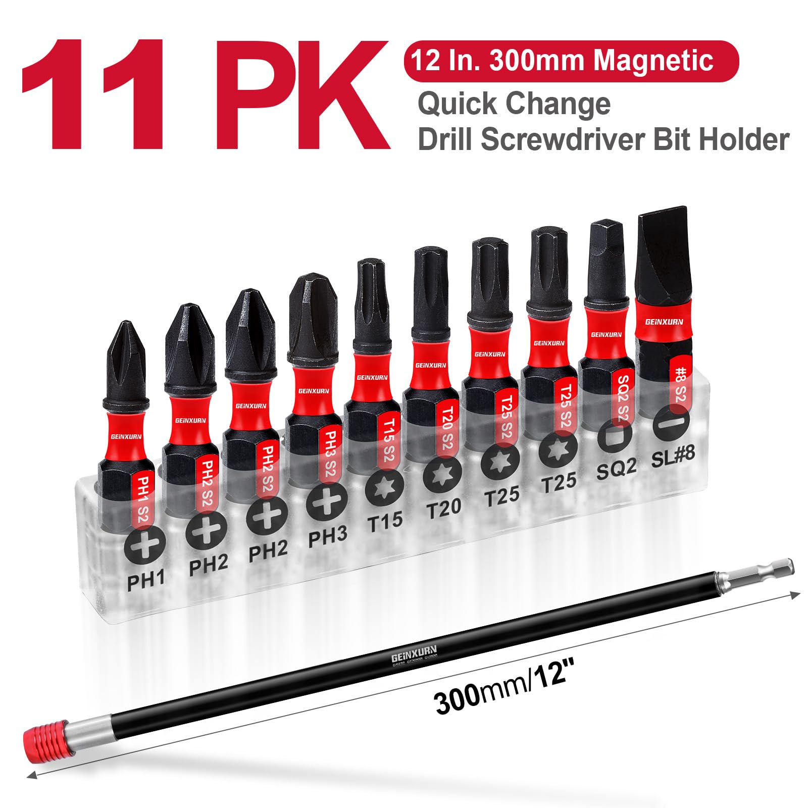 Geinxurn 12” Impact Screwdriver Bit Holders with 10Pcs Screwdriver Bit, Magnetic Extension Quick-Change Socket Drill Bit Holder Cr-V Steel Hex Shank Quick Release Extra Long Drill Bit Guide