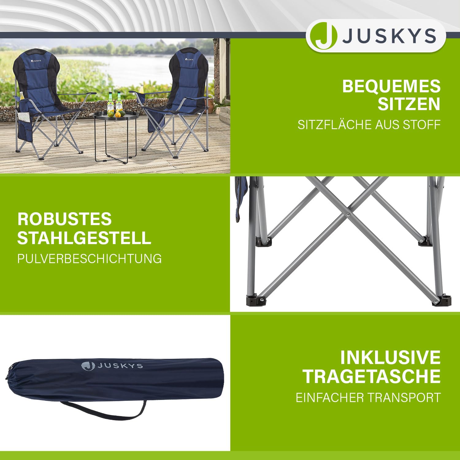 Juskys® Campingstuhl Lido faltbar inkl. Getränkehalter, Seitentasche & Tragetasche - Camping Klappstuhl gepolstert mit Armlehne & Rückenlehne - 4 Farben