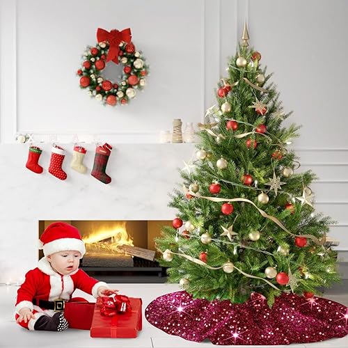 Miniatura 4 de Falda de árbol de Navidad de lentejuelas de 46 pulgadas, falda de árbol de Navidad color burdeos, tela suave, tapete de terciopelo para árbol de