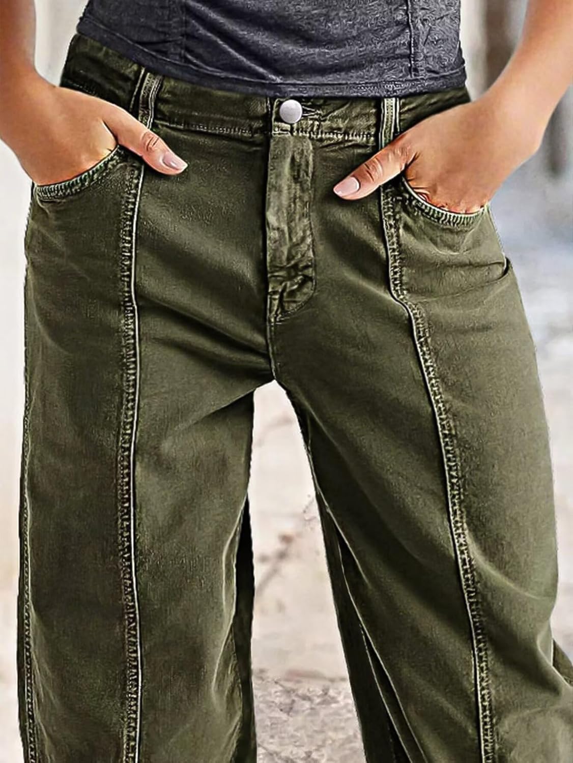 Flamingals Women's Straight Leg Pants Mid Rise Barrel Boyfriend Roll Hem Stitch Front Patch Pocket Cropped Pants - Image 3