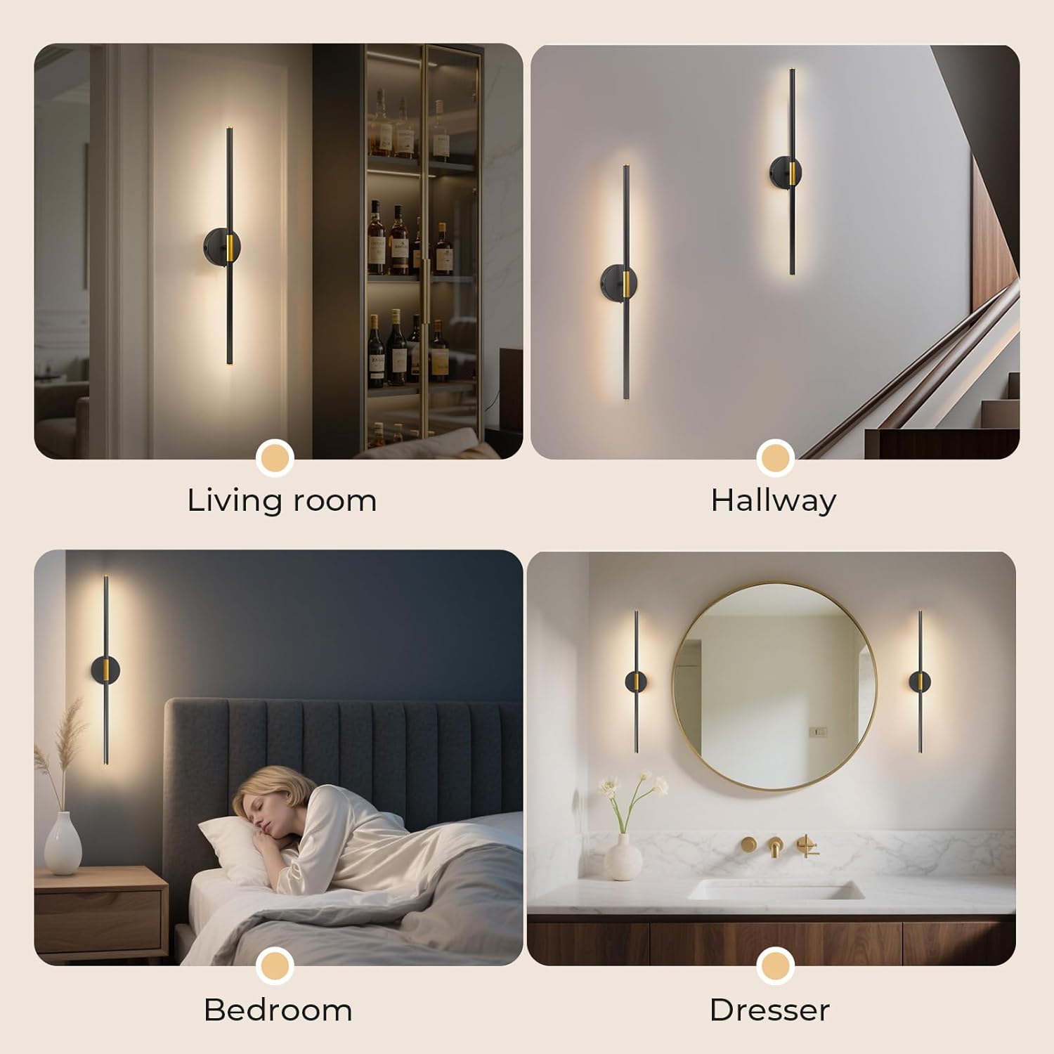 GvvooHome 28" Battery Operated Wall Sconce, 360°Rotation Wireless Rechargeable Wall Lights with Remote Control, 3000K-6500K LED Detachable Wall Lamp for Bedroom, Hallway, Background Wall, Black Gold